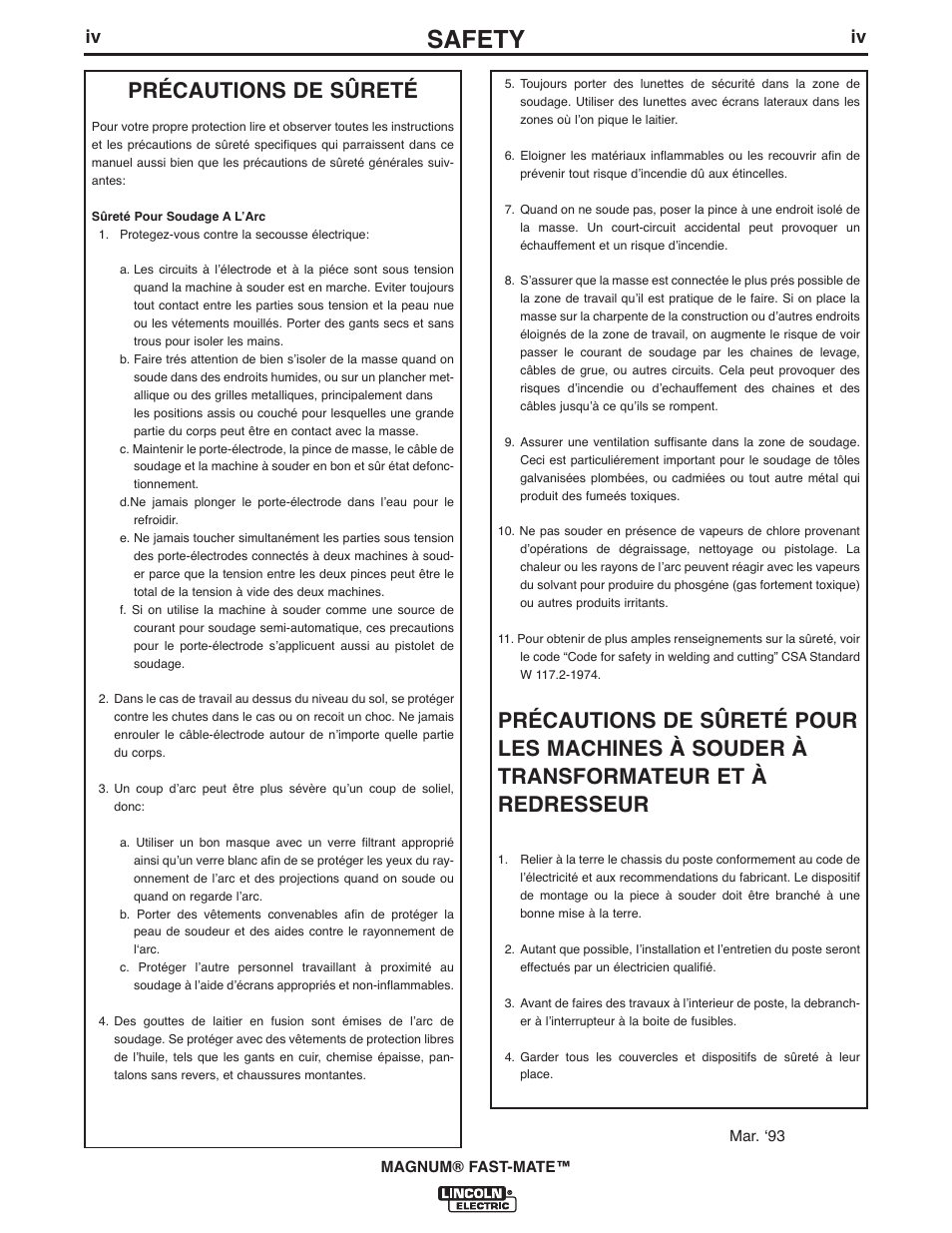 Safety, Précautions de sûreté | Lincoln Electric IM389 K478,K479 MAGNUM 300FM and 400FM User Manual | Page 5 / 25