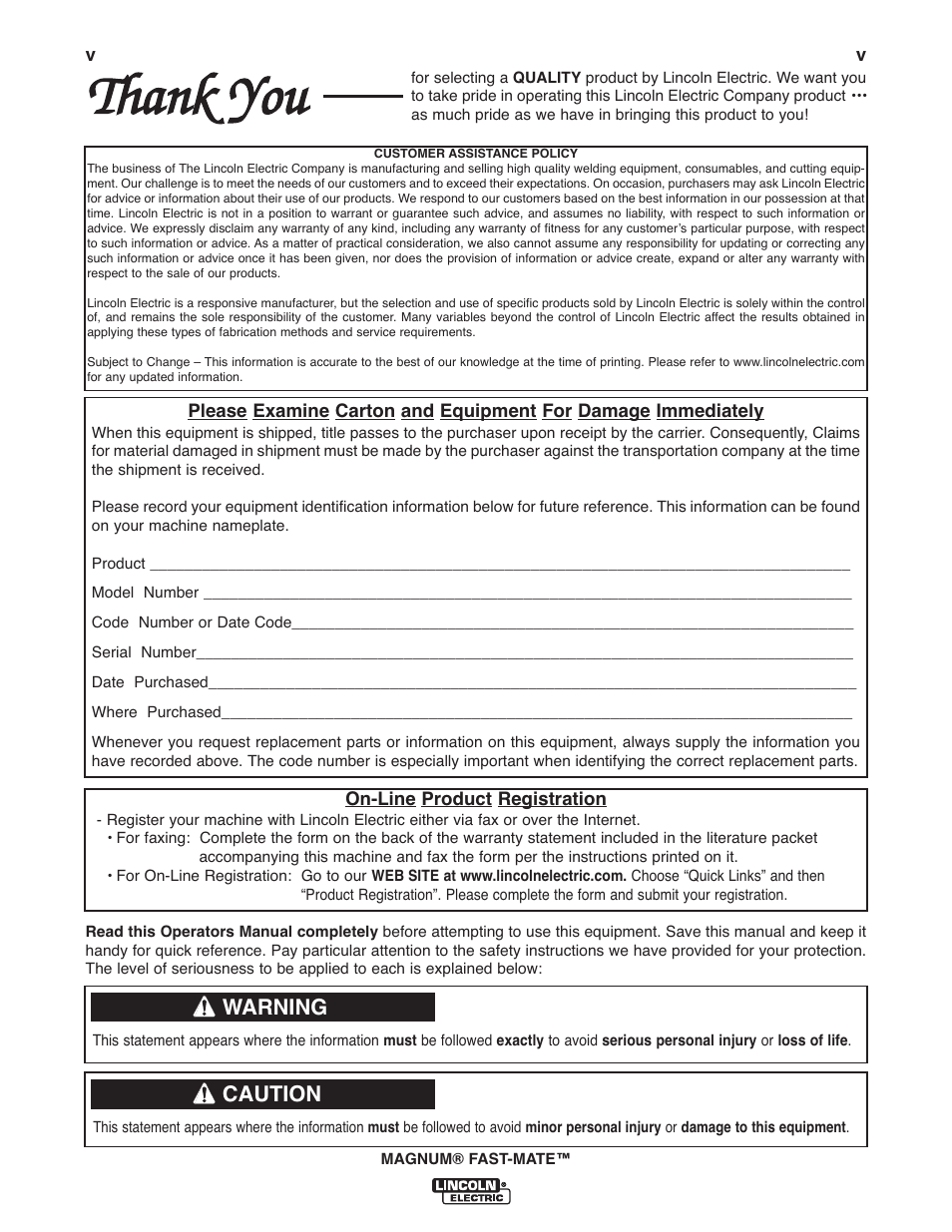 Warning, Caution | Lincoln Electric IM389 K478,K479 MAGNUM 300FM and 400FM User Manual | Page 6 / 25