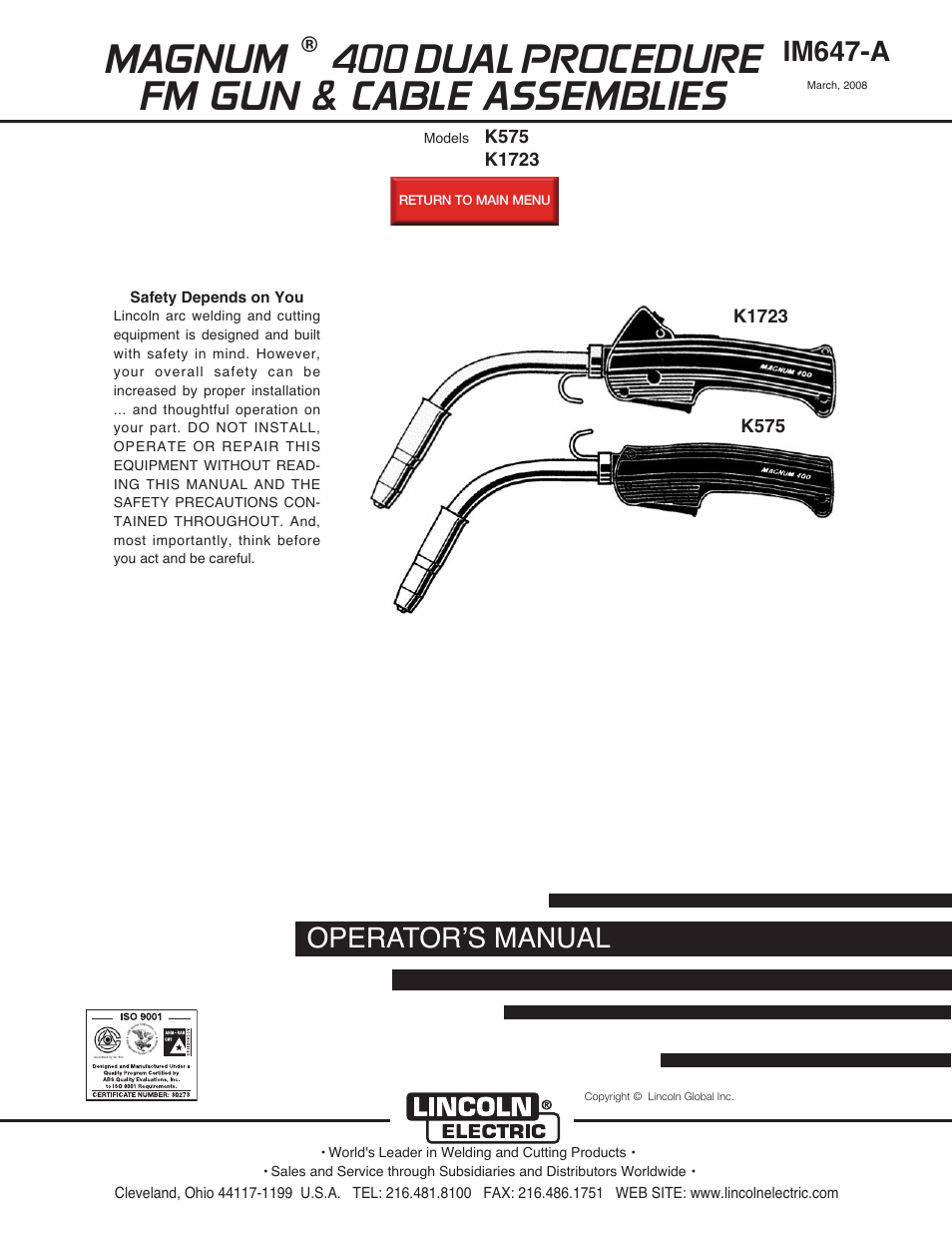 Lincoln Electric IM647 K575,K1723 MAGNUM 400 DUAL PROCEDURE User Manual | 28 pages