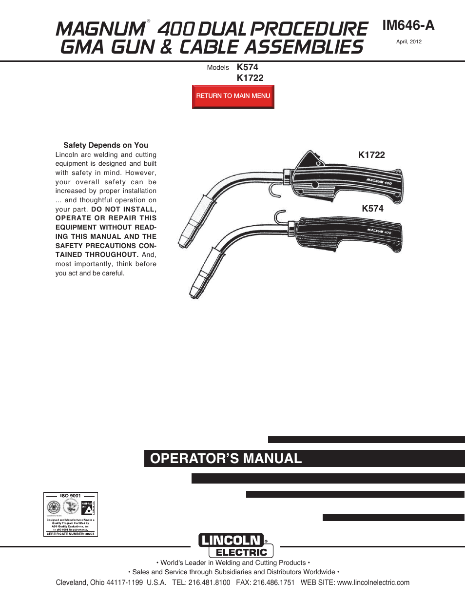 Lincoln Electric IM646 K574,K1722 MAGNUM 400 DUAL PROCEDURE User Manual | 31 pages