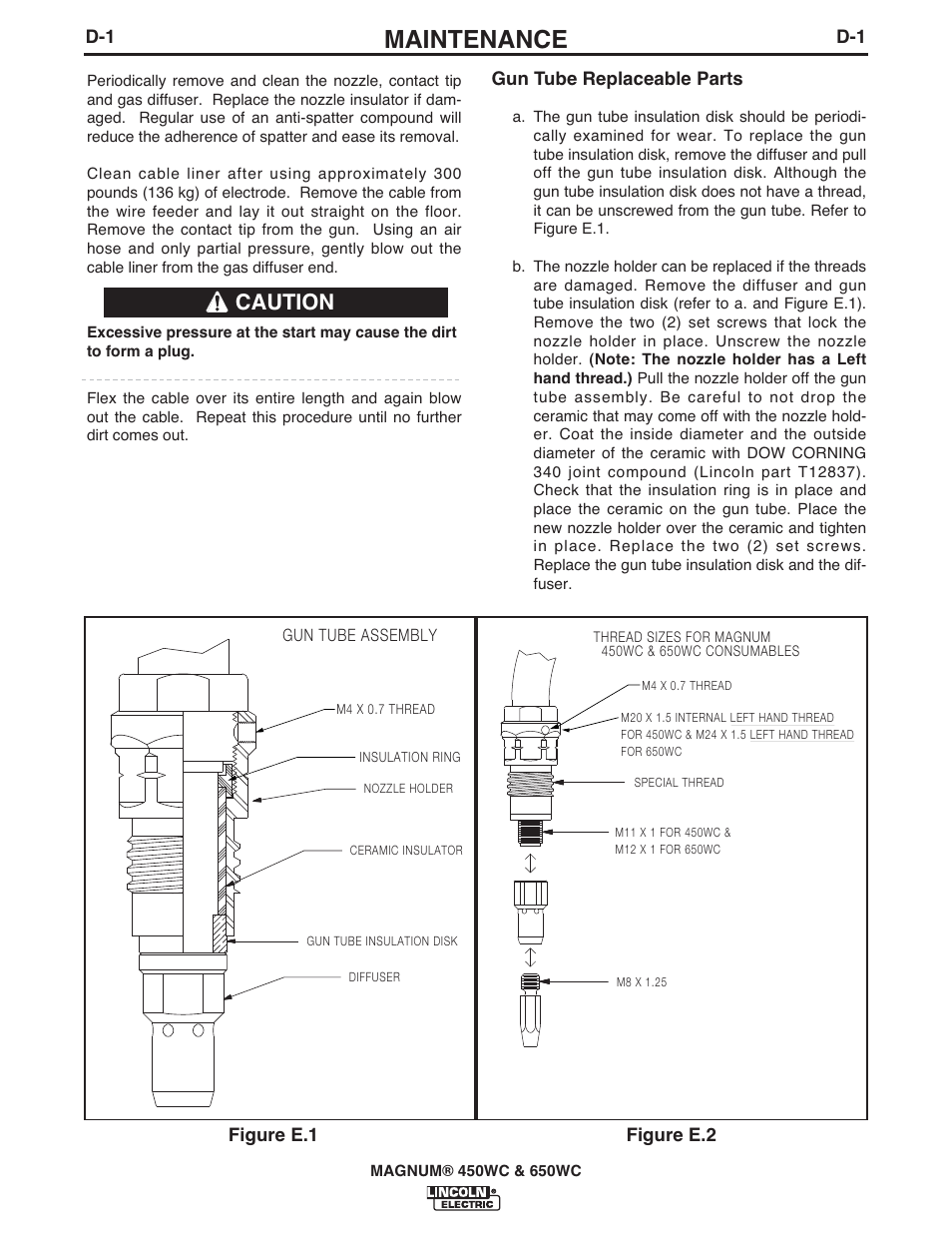 Maintenance, Caution, Gun tube replaceable parts | Figure e.1 figure e.2 | Lincoln Electric IM632 MAGNUM 450WC & 650WC User Manual | Page 12 / 21