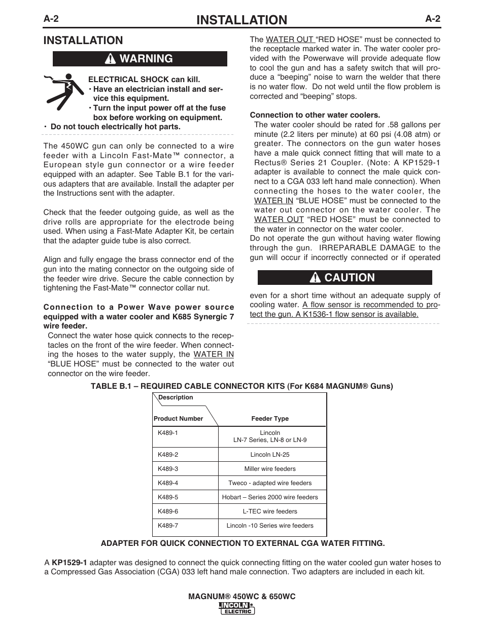 Installation, Warning caution | Lincoln Electric IM632 MAGNUM 450WC & 650WC User Manual | Page 9 / 21