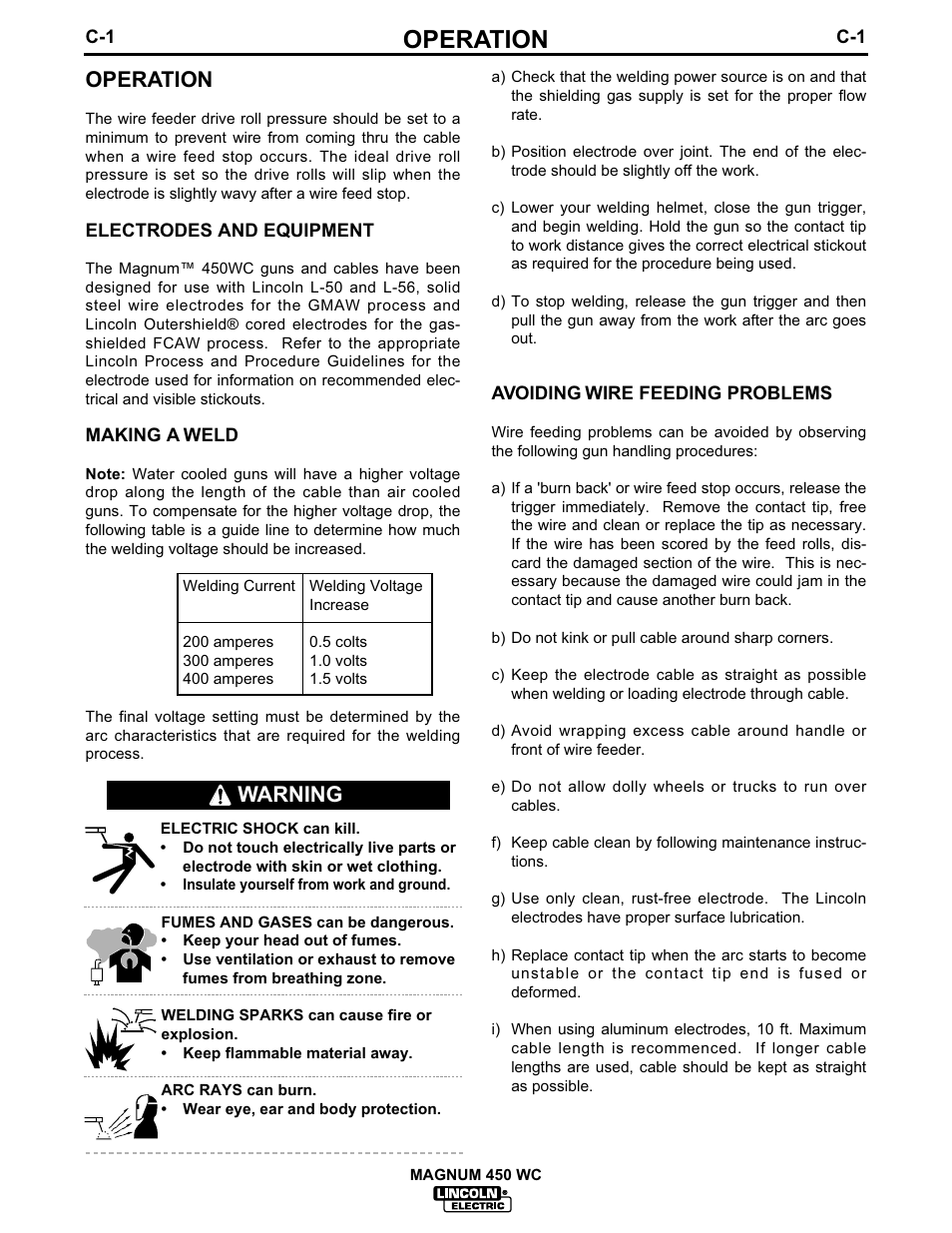 Operation, Warning | Lincoln Electric IM541 MAGNUM 450WC Fast-Mate Water-Cooled Gun and Cable User Manual | Page 10 / 24