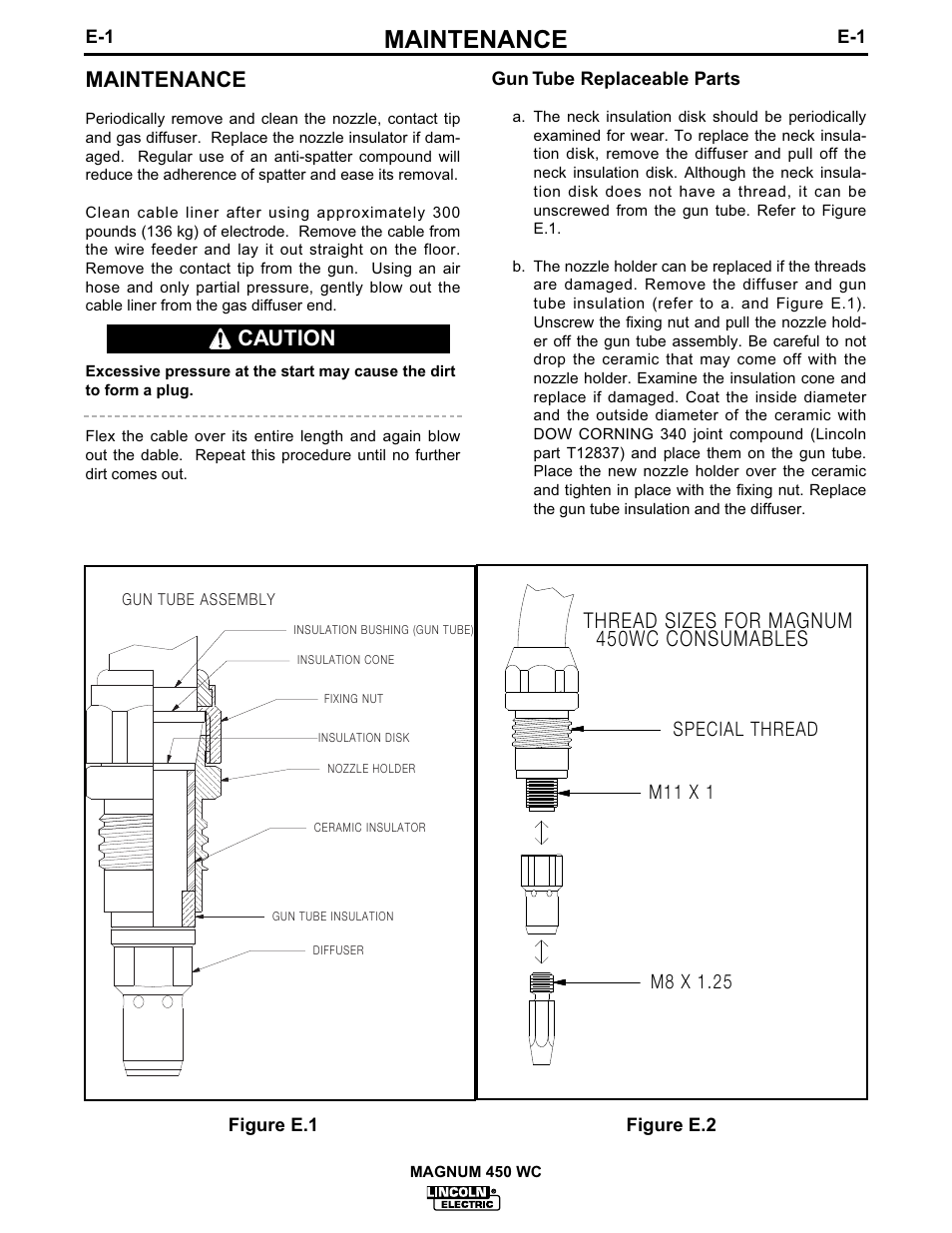 Maintenance, Caution, Gun tube replaceable parts | Figure e.1 figure e.2 | Lincoln Electric IM541 MAGNUM 450WC Fast-Mate Water-Cooled Gun and Cable User Manual | Page 12 / 24