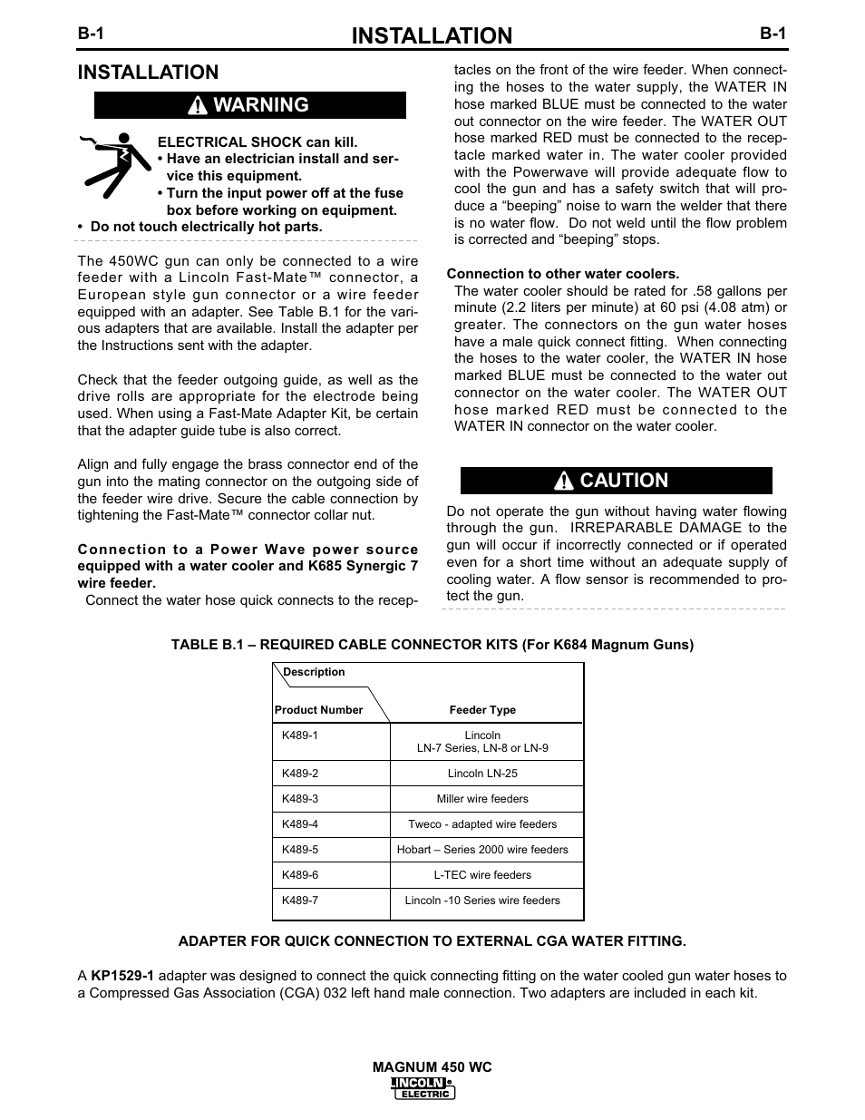 Installation, Warning caution | Lincoln Electric IM541 MAGNUM 450WC Fast-Mate Water-Cooled Gun and Cable User Manual | Page 9 / 24