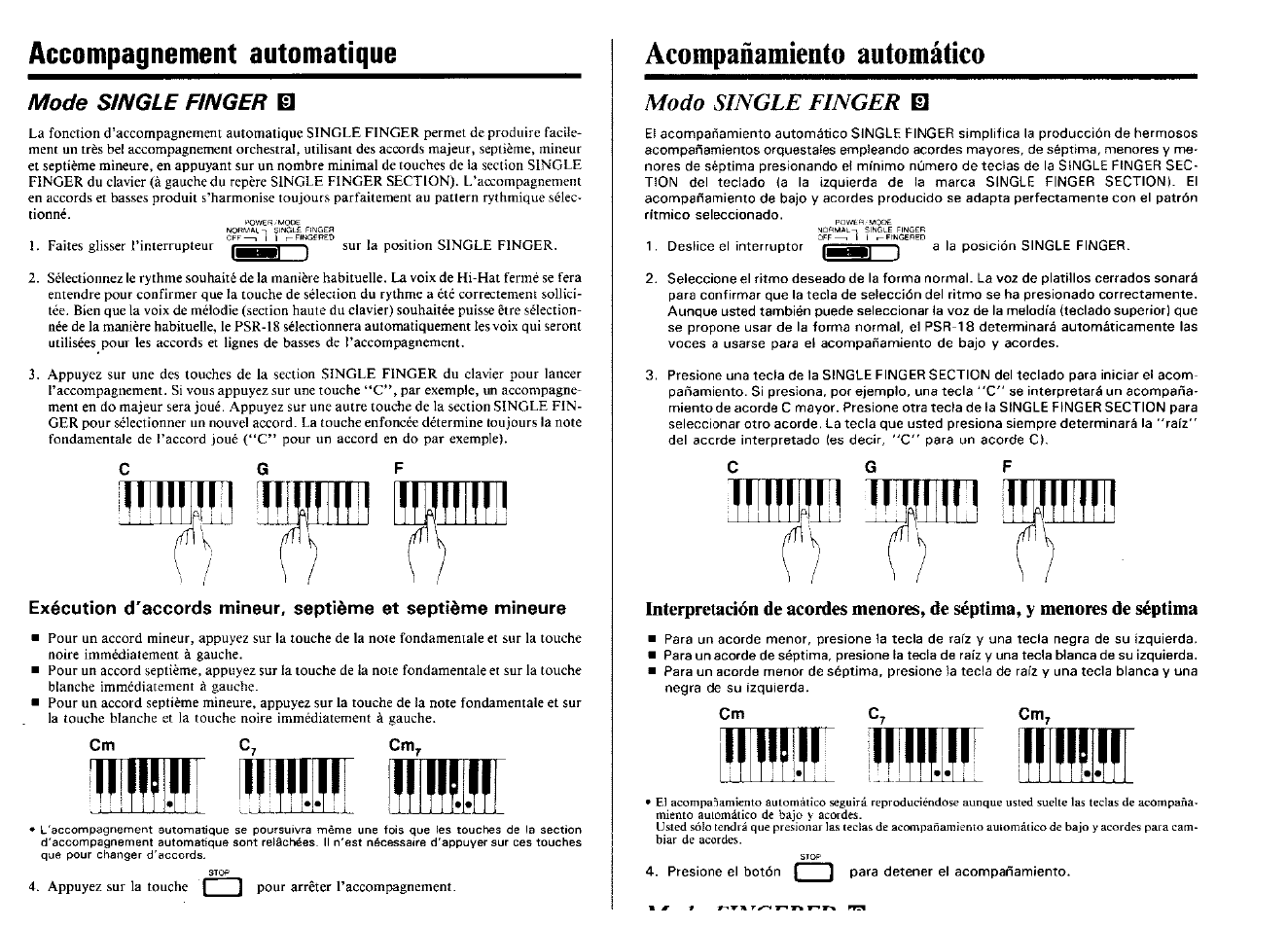 Accompagnement automatique, Acompañamiento automático, Modo single finger | Mode single finger | Yamaha PSR-18 User Manual | Page 10 / 16