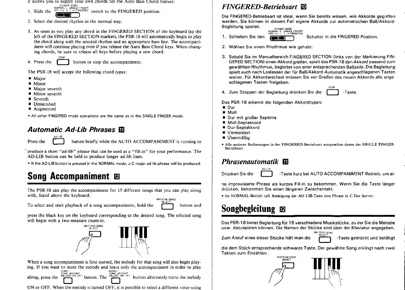 Automatic ad-lib phrases ed, Song accompaniment, Fingered-betriebsart isl | Phrasenautomatik ed, Songbegleitung is, Fingered-betriebsart, Phrasenautomatik, Automatic ad-lib phrases | Yamaha PSR-18 User Manual | Page 11 / 16