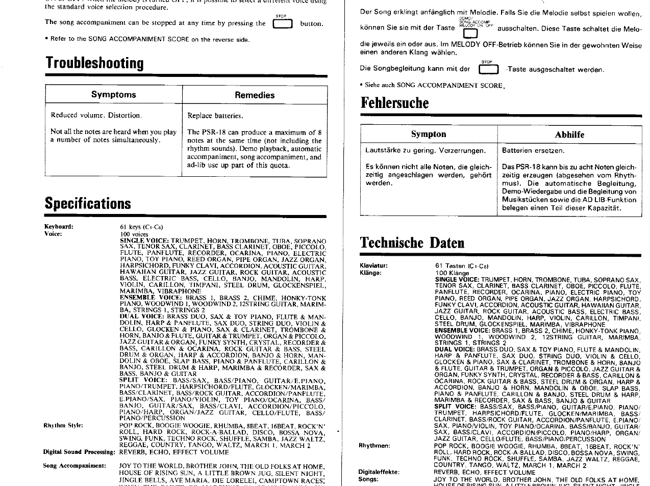 Troubleshooting, Specifications, Fehlersuche | Technische daten, Symptoms remedies, Sympton abhilfe | Yamaha PSR-18 User Manual | Page 13 / 16