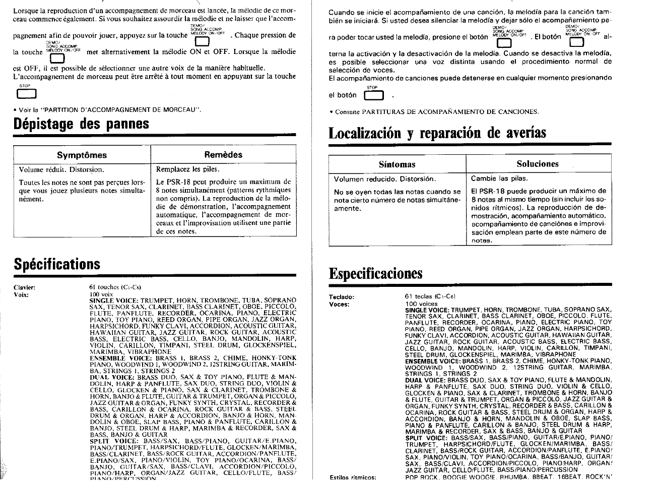 Dépistage des pannes, Spécifications, Localización y reparación de averías | Específícaciones, Symptômes remèdes, Síntomas soluciones | Yamaha PSR-18 User Manual | Page 14 / 16