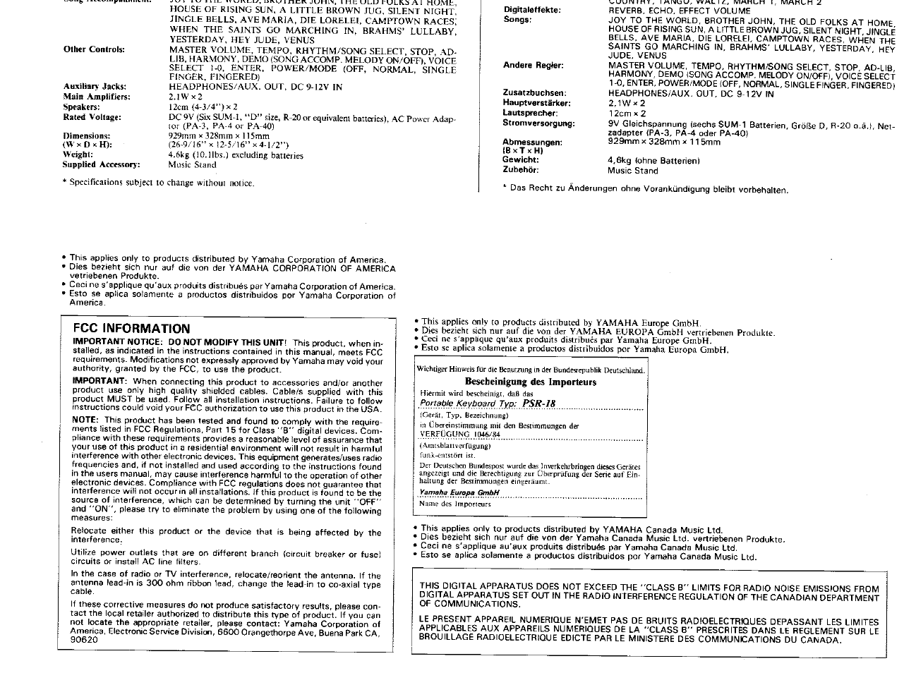 Fcc information | Yamaha PSR-18 User Manual | Page 15 / 16