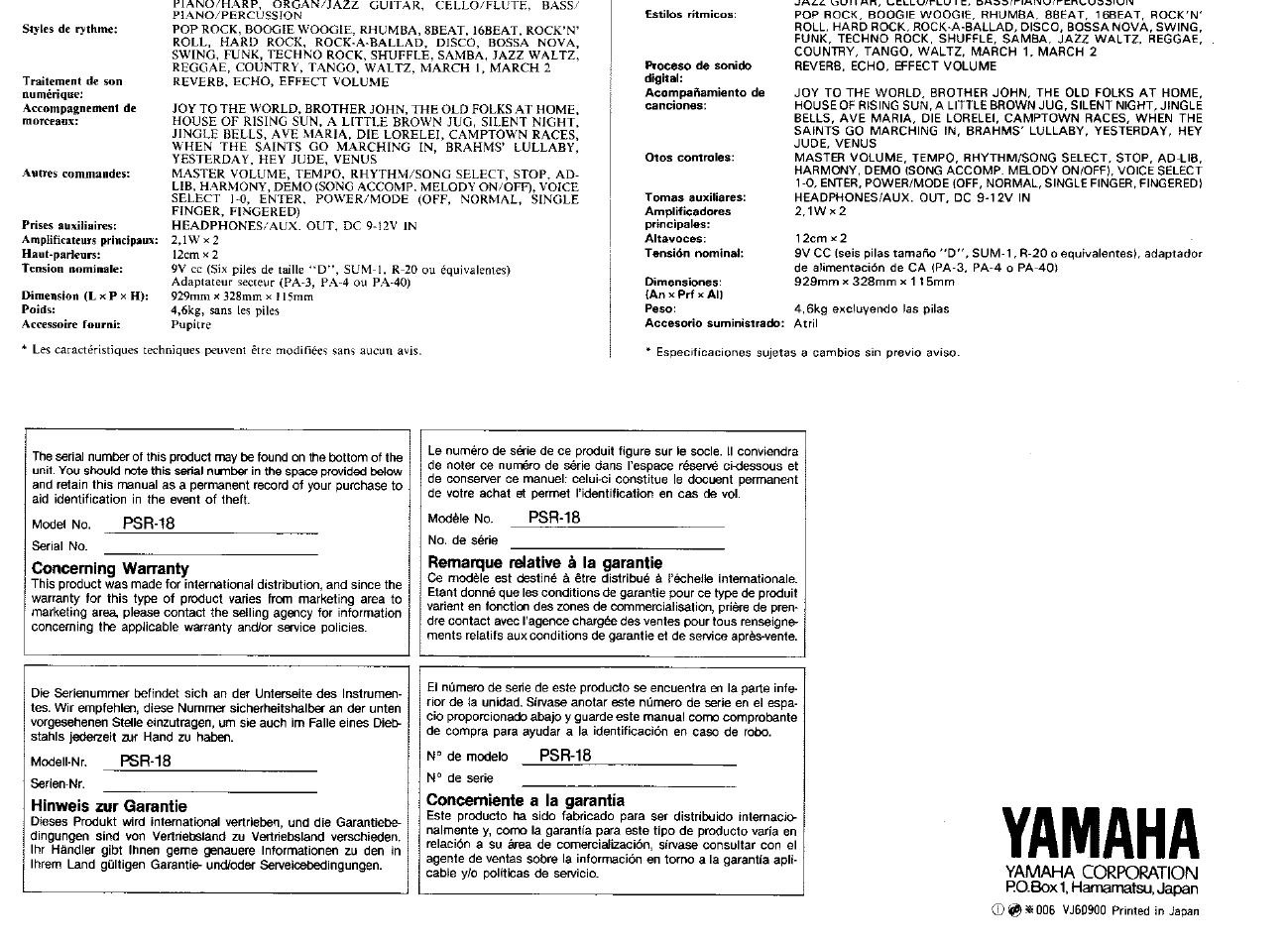 Yamaha, Po.box 1, hamamatsu, japan | Yamaha PSR-18 User Manual | Page 16 / 16