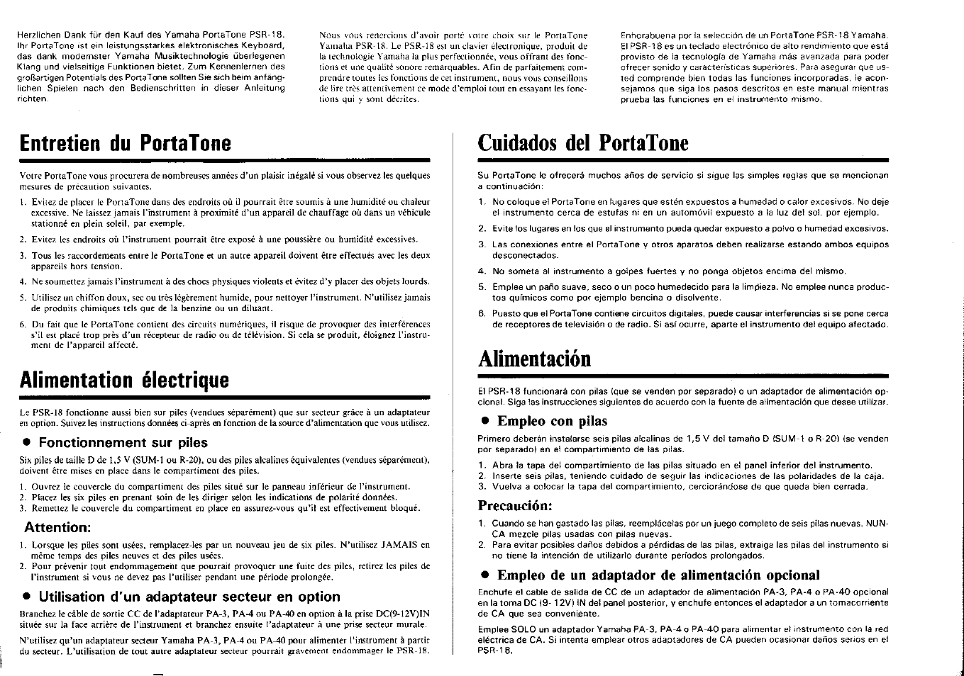 Entretien du portatone, Alimentation électrique, Fonctionnement sur piles | Attention, Utilisation d'un adaptateur secteur en option, Cuidados del portatone, Alimentación, Empleo con pilas, Precaución, Empleo de un adaptador de alimentación opcional | Yamaha PSR-18 User Manual | Page 2 / 16