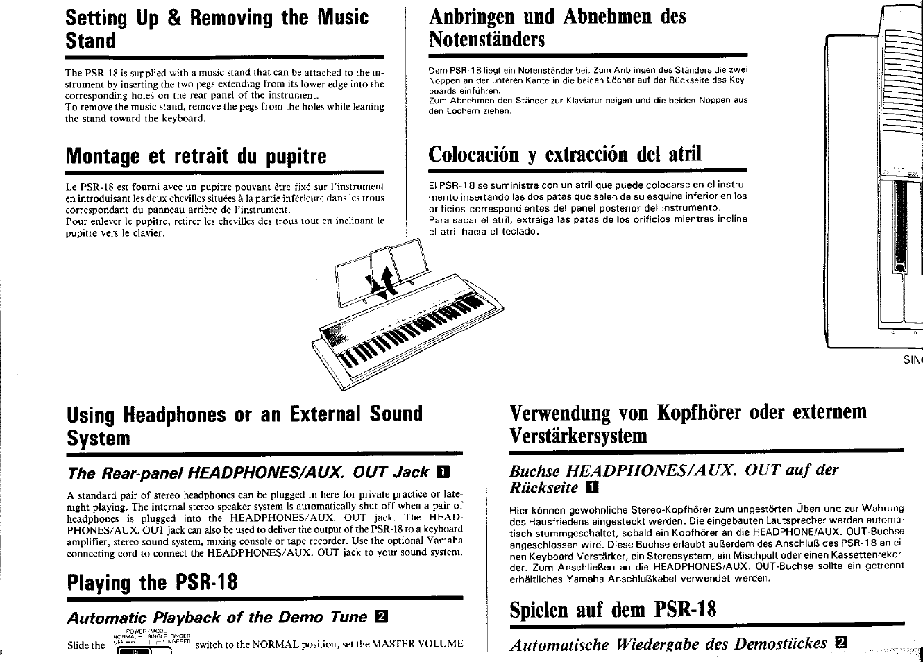 Montage et retrait du pupitre, Anbringen and abnehmen des notenständers, Colocación y extracción del atril | Using headphones or an external sound system, The rear-panel headphones/aux. out jack, Playing the psr-18, Automatic playback of the demo tune в, Buchse headphones/aux. out auf der, Spielen auf dem psr-18, Setting up & removing the music stand | Yamaha PSR-18 User Manual | Page 3 / 16
