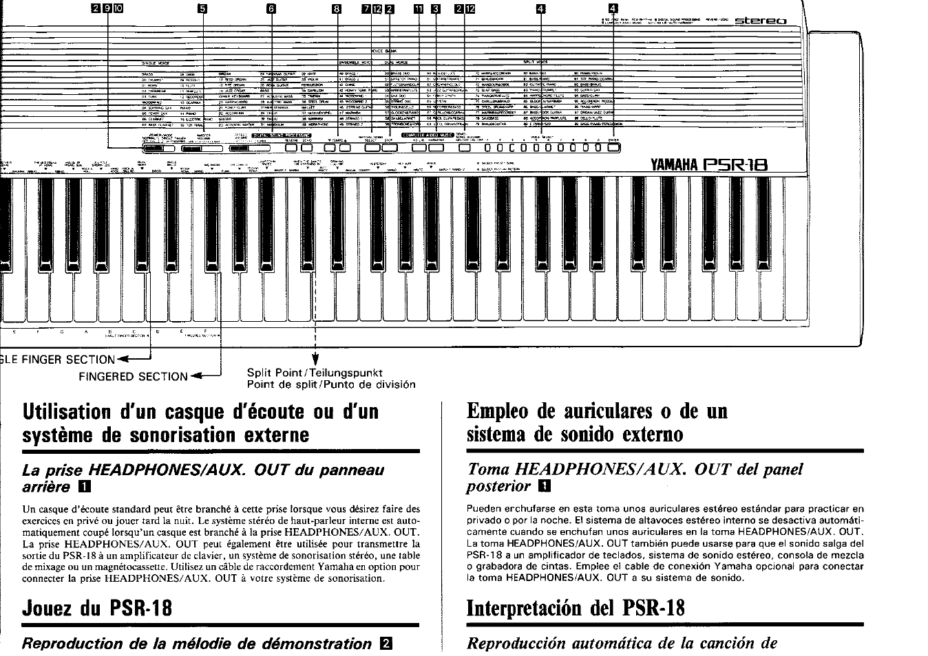Sekq, Ebb eq b b, La prise headphones/aux. out du panneau | Arrière, Jouez du psr-18, Reproduction de ta méiodie de démonstration b, Interpretación del psr-18, Yamaha p5r1b, Toma headphones/aux. out del panel posterior, Reproducción automática de la canción de | Yamaha PSR-18 User Manual | Page 4 / 16