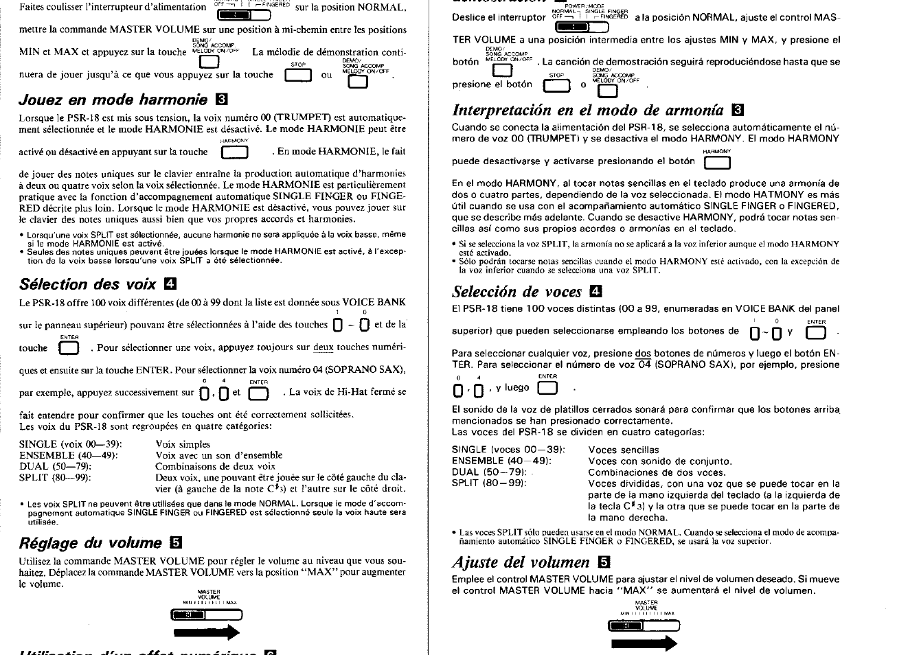 Jouez en mode harmonie el, Sélection des voix, Réglage du volume s | 0’0®‘ d, Interpretación en el modo de armonía, Selección de voces, Ajuste del volumen, Jouez en mode harmonie, Réglage du volume | Yamaha PSR-18 User Manual | Page 6 / 16