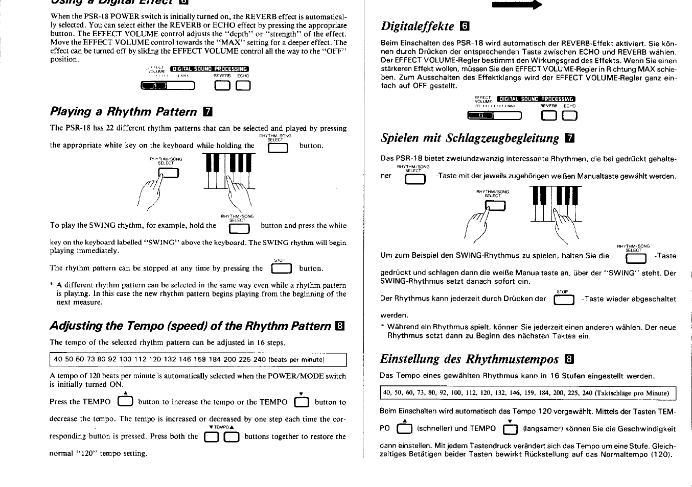Playing a rhythm pattern, Digitaleffekte ш, Spielen mit schlagzeugbegleitung в | Einstellung des rhythmustempos, Digitaleffekte, Adjusting the tempo {speed) of the rhythm pattern | Yamaha PSR-18 User Manual | Page 7 / 16