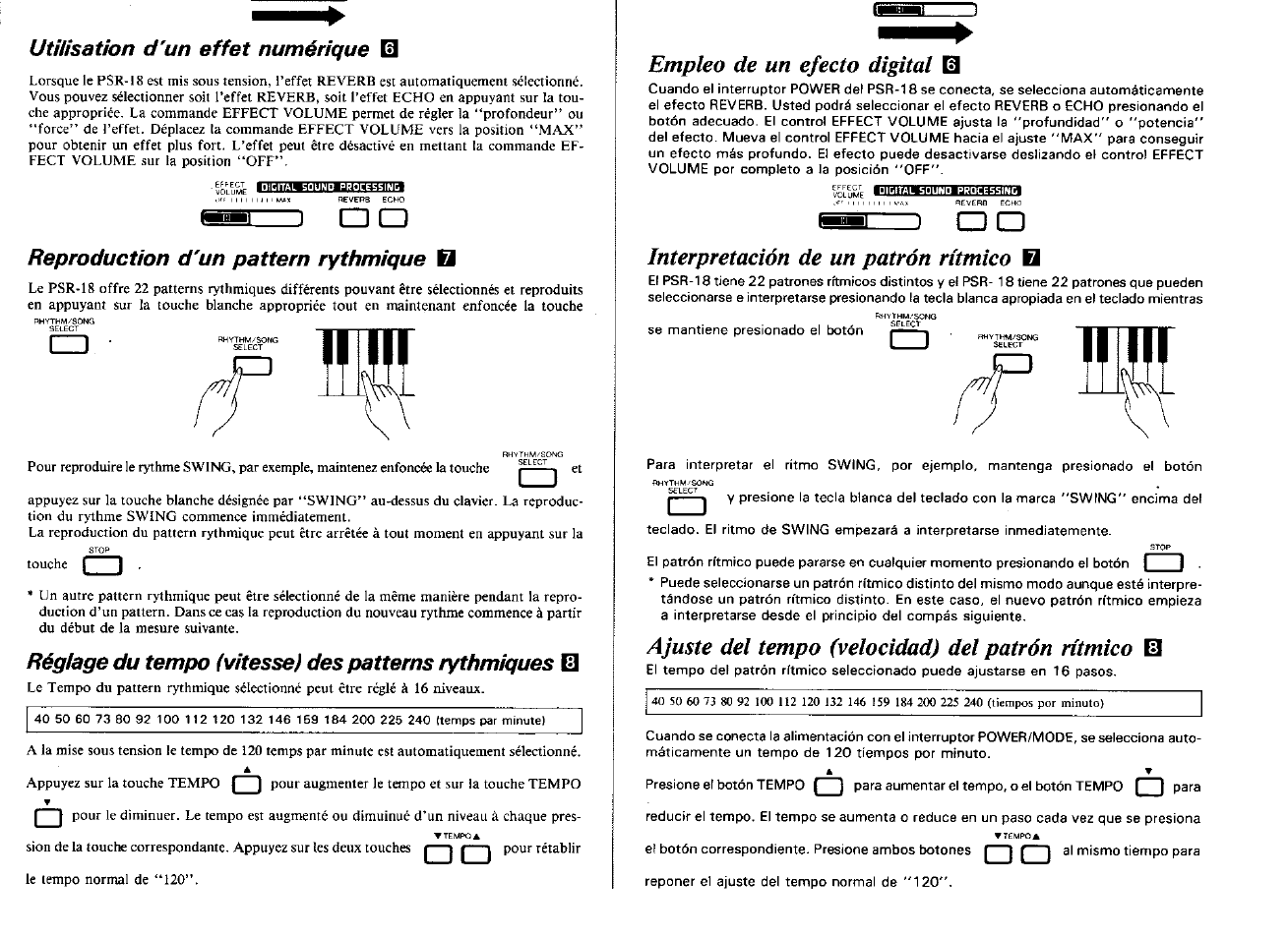 Utiiisation d'un effet numérique, Reproduction d'un pattern rythmique, Empleo de un efecto digital | Interpretación de un patrón rítmico b, Ajuste del tempo (velocidad) del patrón rítmico eo, Interpretación de un patrón rítmico, Ajuste del tempo (velocidad) del patrón rítmico, Réglage du tempo (vitesse) des patterns rythmiques | Yamaha PSR-18 User Manual | Page 8 / 16