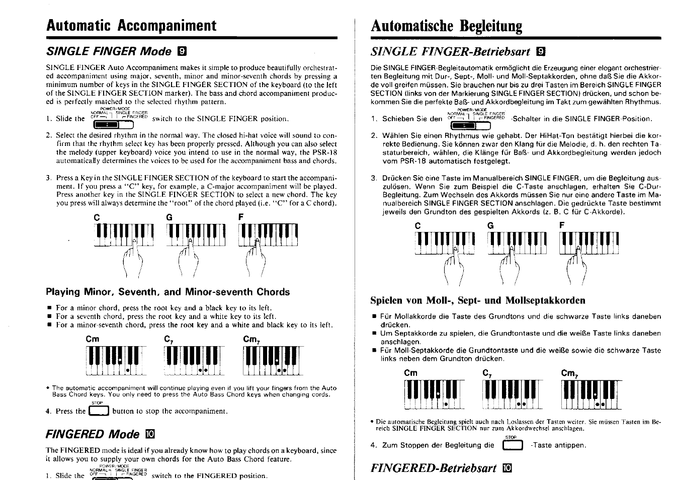 Automatic accompaniment, Single finger mode, Playing minor, seventh, and minor-seventh chords | Fingered mode is, Automatische begleitung, Single finger-betriebsart el, Spielen von moll-, sept- und mollseptakkorden, Fingered-betriebsart is, Single finger-betriebsart, Fingered-betriebsart | Yamaha PSR-18 User Manual | Page 9 / 16