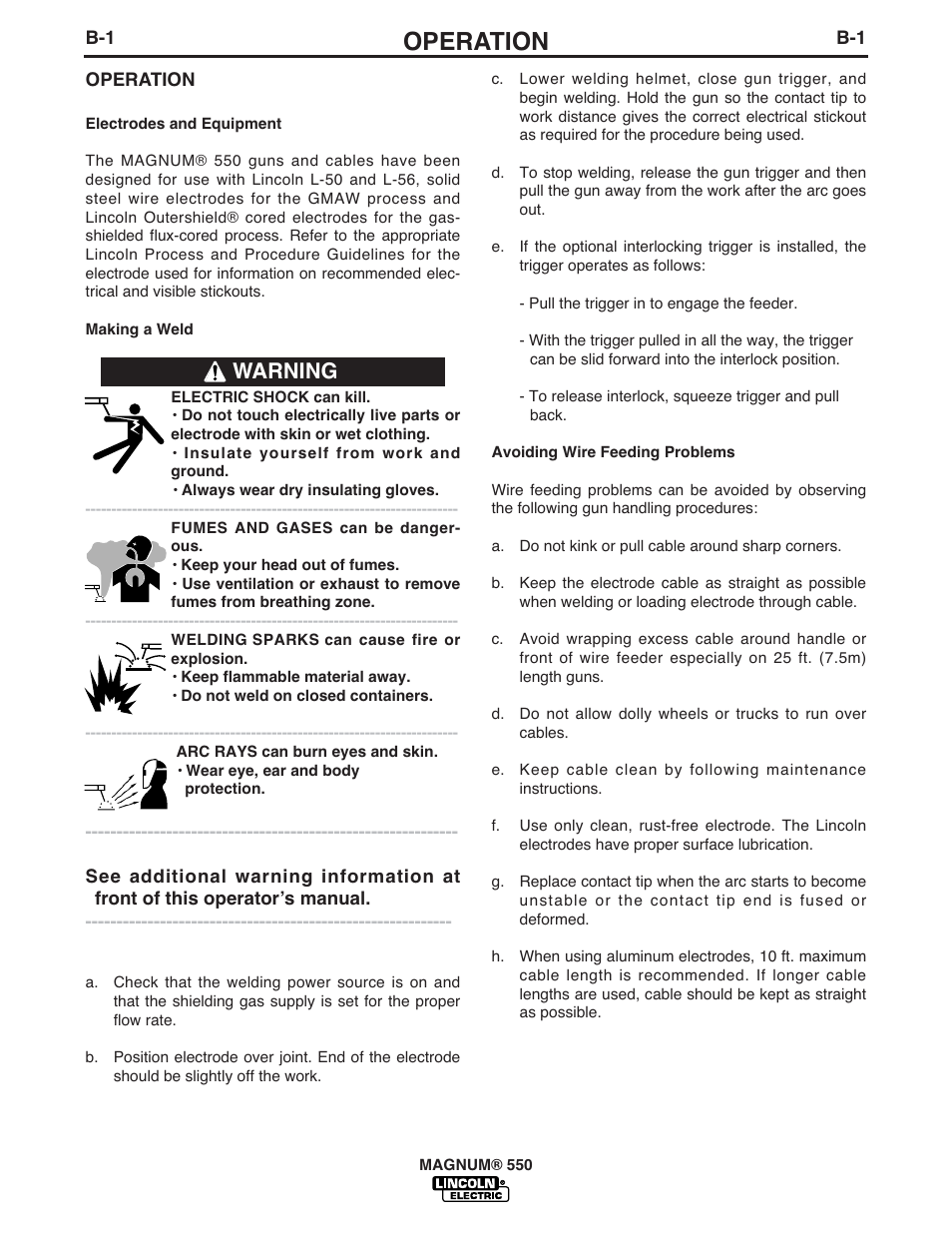 Operation, Warning | Lincoln Electric IM475 MAGNUM 550 GUN & CABLE User Manual | Page 14 / 25