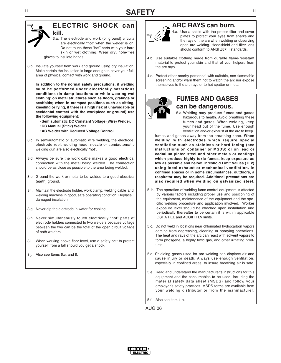 Safety, Arc rays can burn, Electric shock can kill | Fumes and gases can be dangerous | Lincoln Electric IM475 MAGNUM 550 GUN & CABLE User Manual | Page 3 / 25