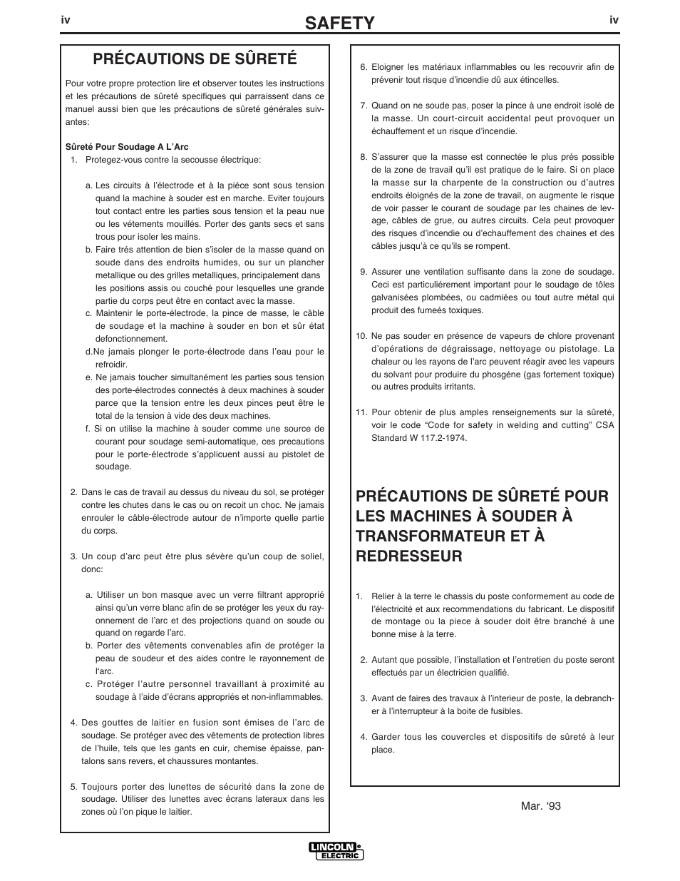 Safety, Précautions de sûreté | Lincoln Electric IM475 MAGNUM 550 GUN & CABLE User Manual | Page 5 / 25