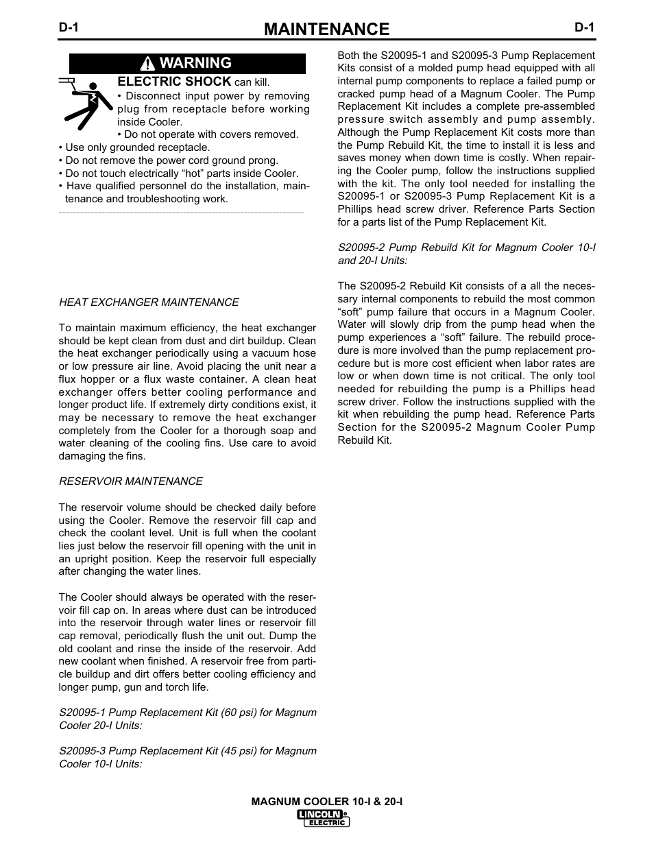 Maintenance, Warning | Lincoln Electric IM438 MAGNUM COOLERS 20-I User Manual | Page 24 / 32