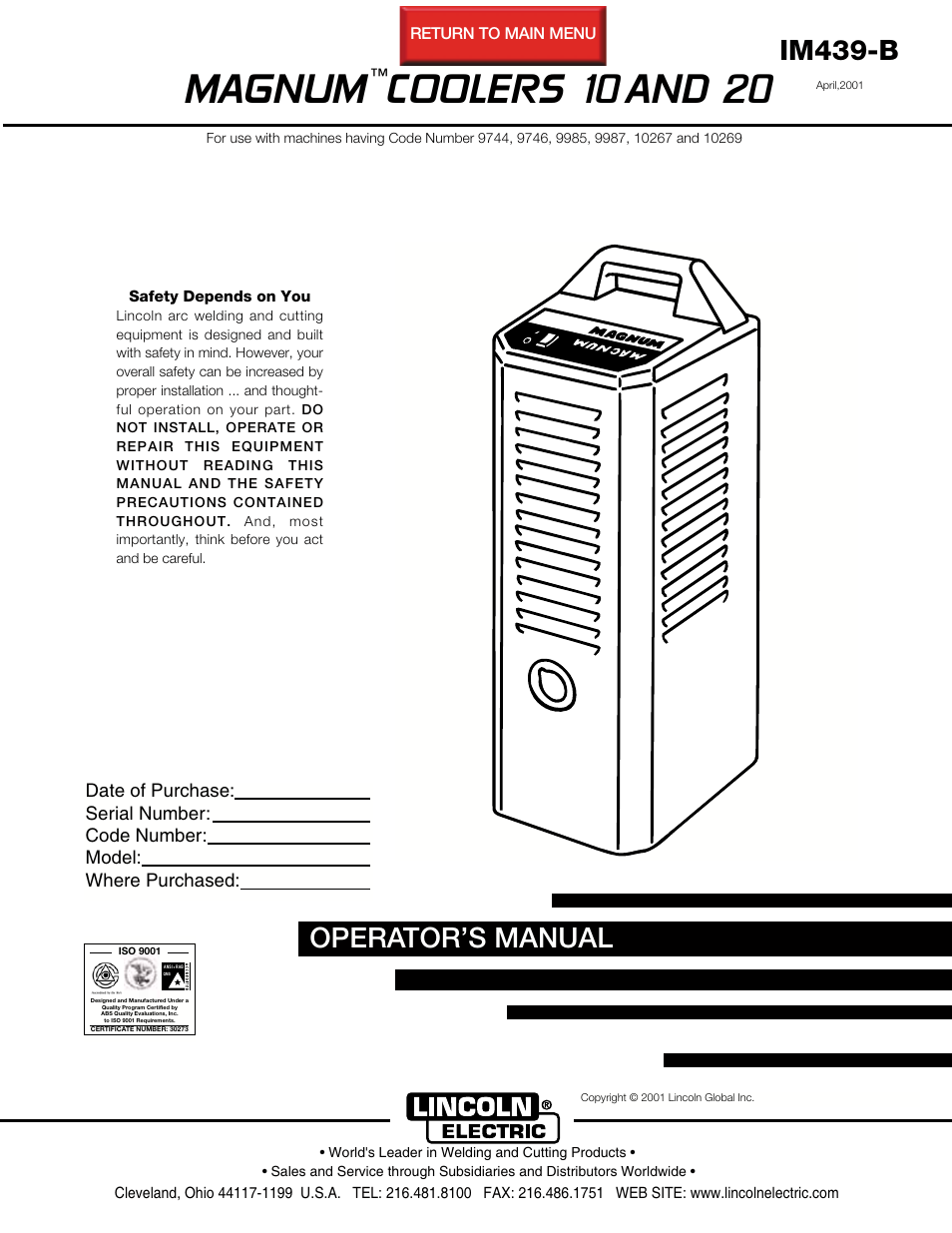 Lincoln Electric IM439 MAGNUM COOLERS 20-I User Manual | 34 pages