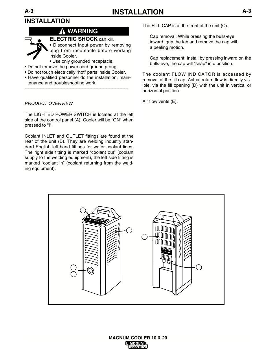 Installation, Warning | Lincoln Electric IM439 MAGNUM COOLERS 20-I User Manual | Page 10 / 34