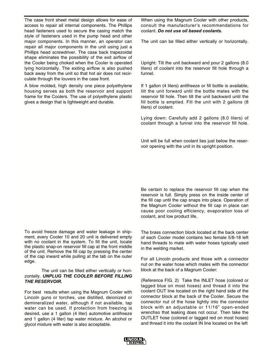 Installation, Water line connection, Filling the reservoir | Lincoln Electric IM439 MAGNUM COOLERS 20-I User Manual | Page 11 / 34