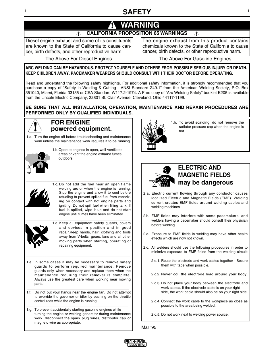 Warning, Safety, For engine powered equipment | Electric and magnetic fields may be dangerous | Lincoln Electric IM439 MAGNUM COOLERS 20-I User Manual | Page 2 / 34