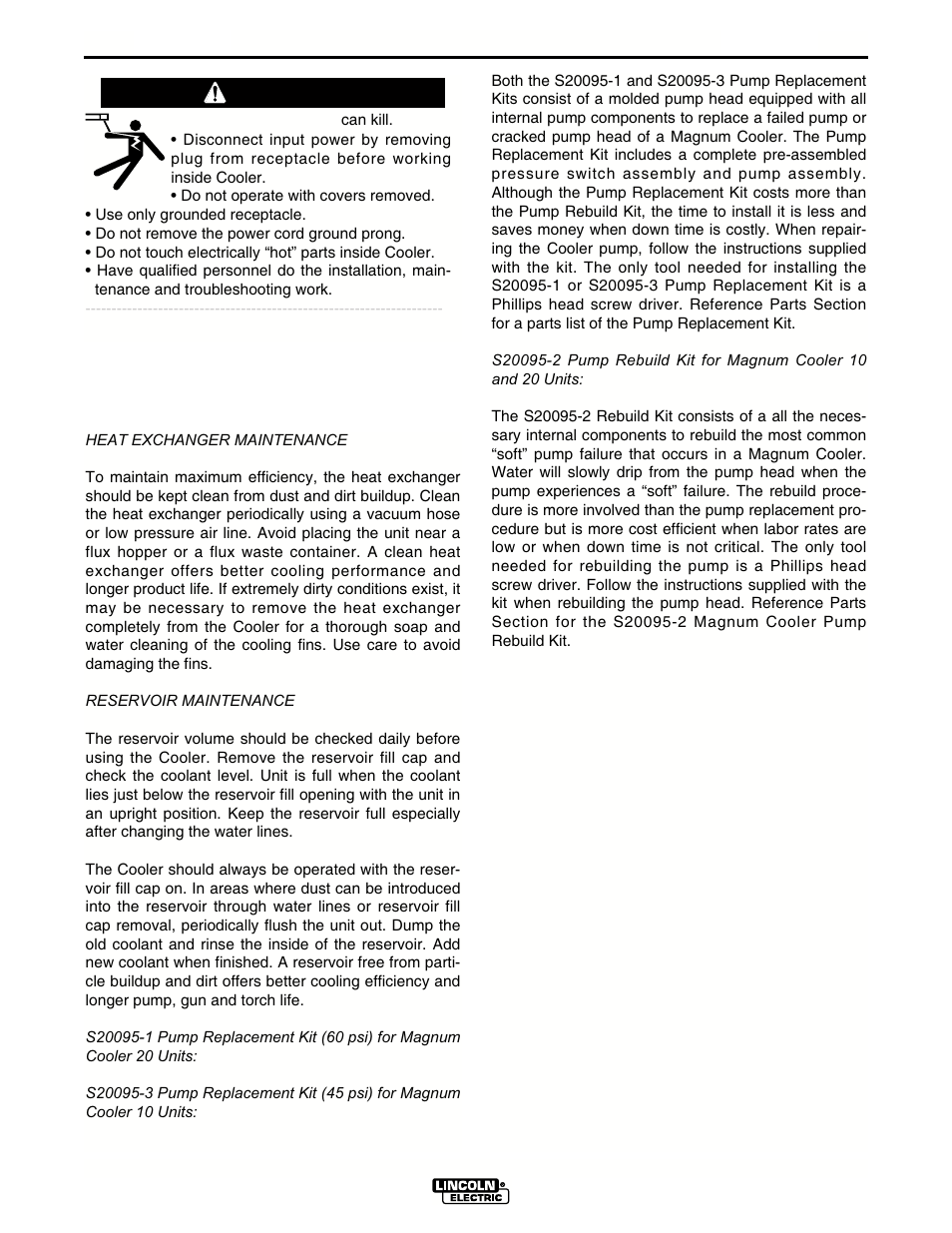 Maintenance, Warning | Lincoln Electric IM439 MAGNUM COOLERS 20-I User Manual | Page 24 / 34