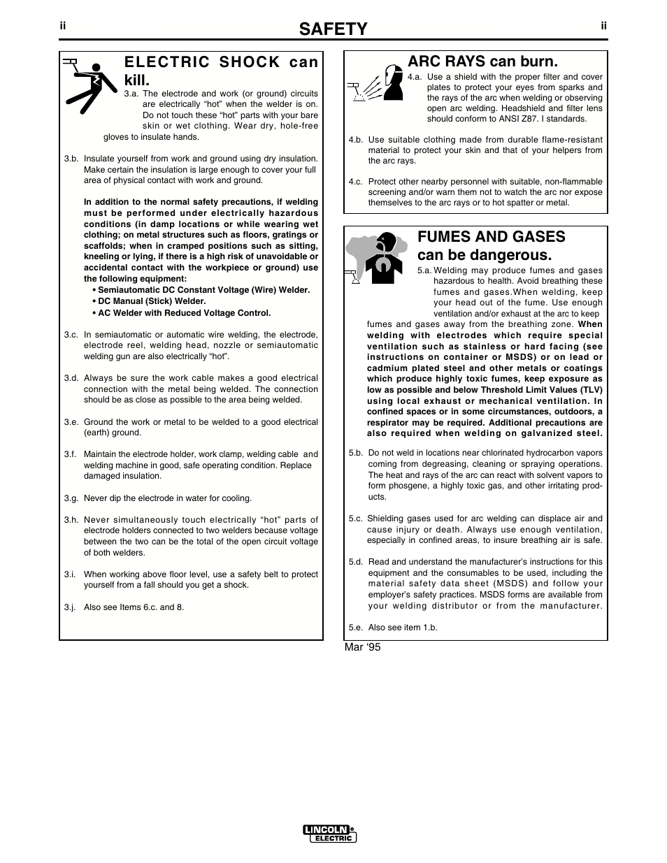 Safety, Arc rays can burn, Electric shock can kill | Fumes and gases can be dangerous | Lincoln Electric IM439 MAGNUM COOLERS 20-I User Manual | Page 3 / 34