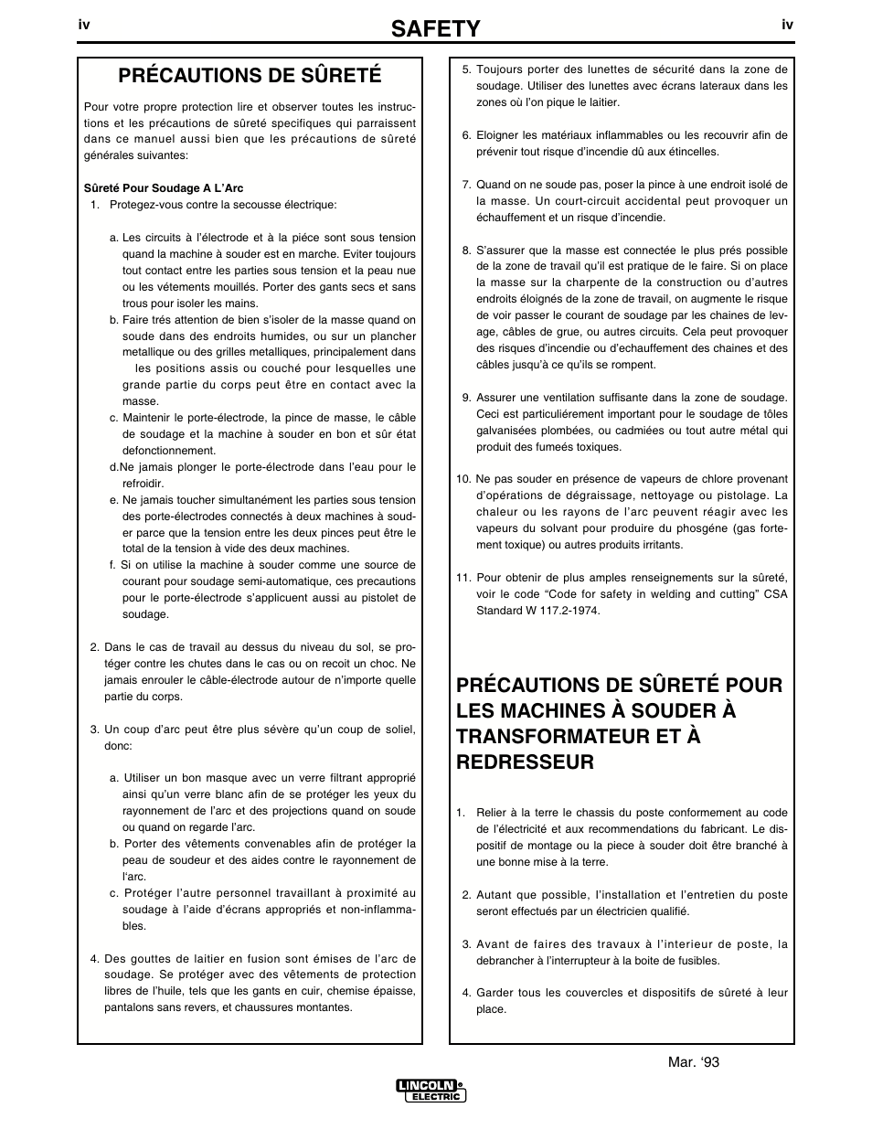 Safety, Précautions de sûreté | Lincoln Electric IM439 MAGNUM COOLERS 20-I User Manual | Page 5 / 34