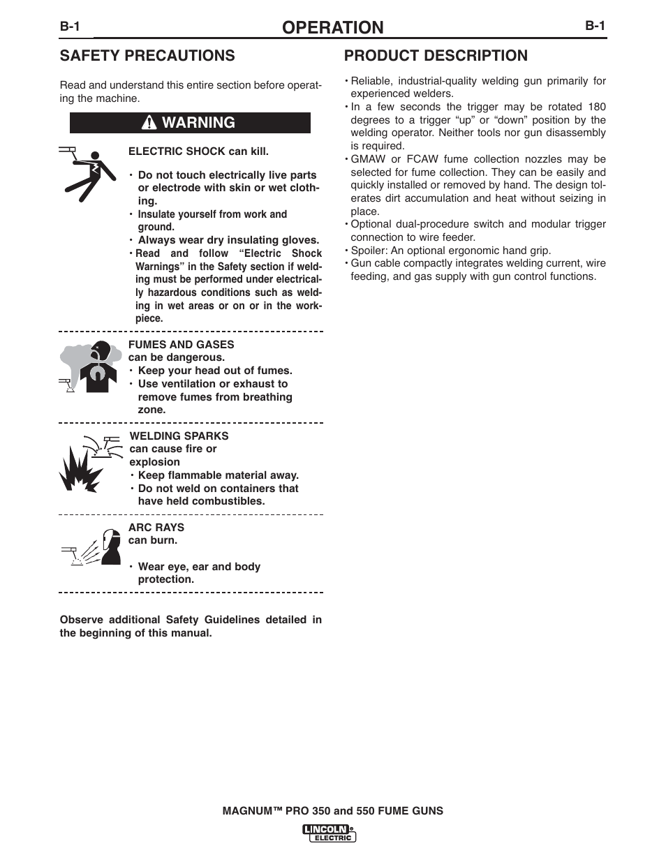 Operation, Safety precautions, Warning product description | Lincoln Electric IM990 MAGNUM PRO 350 and 550 FUME GUNS User Manual | Page 14 / 31