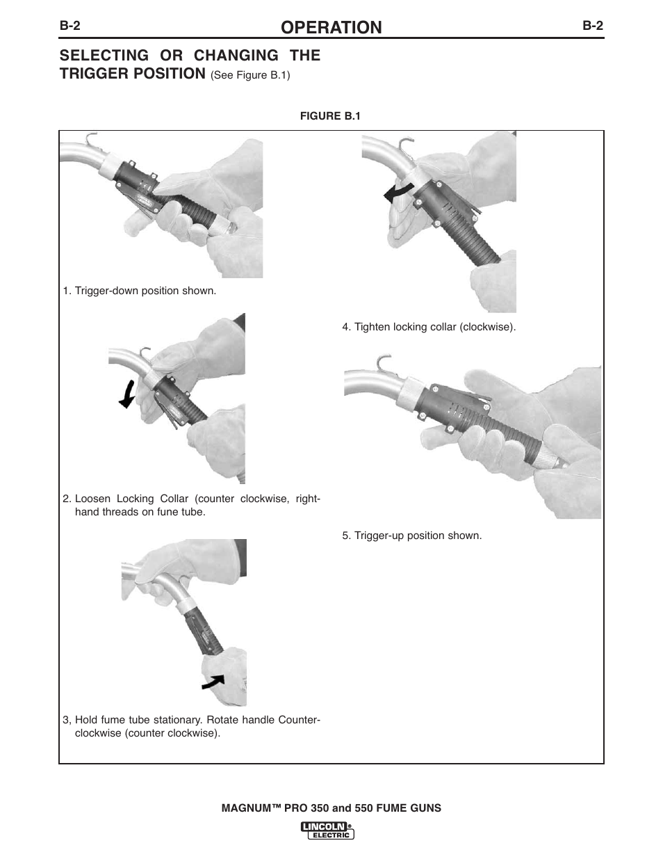 Operation, Selecting or changing the trigger position | Lincoln Electric IM990 MAGNUM PRO 350 and 550 FUME GUNS User Manual | Page 15 / 31