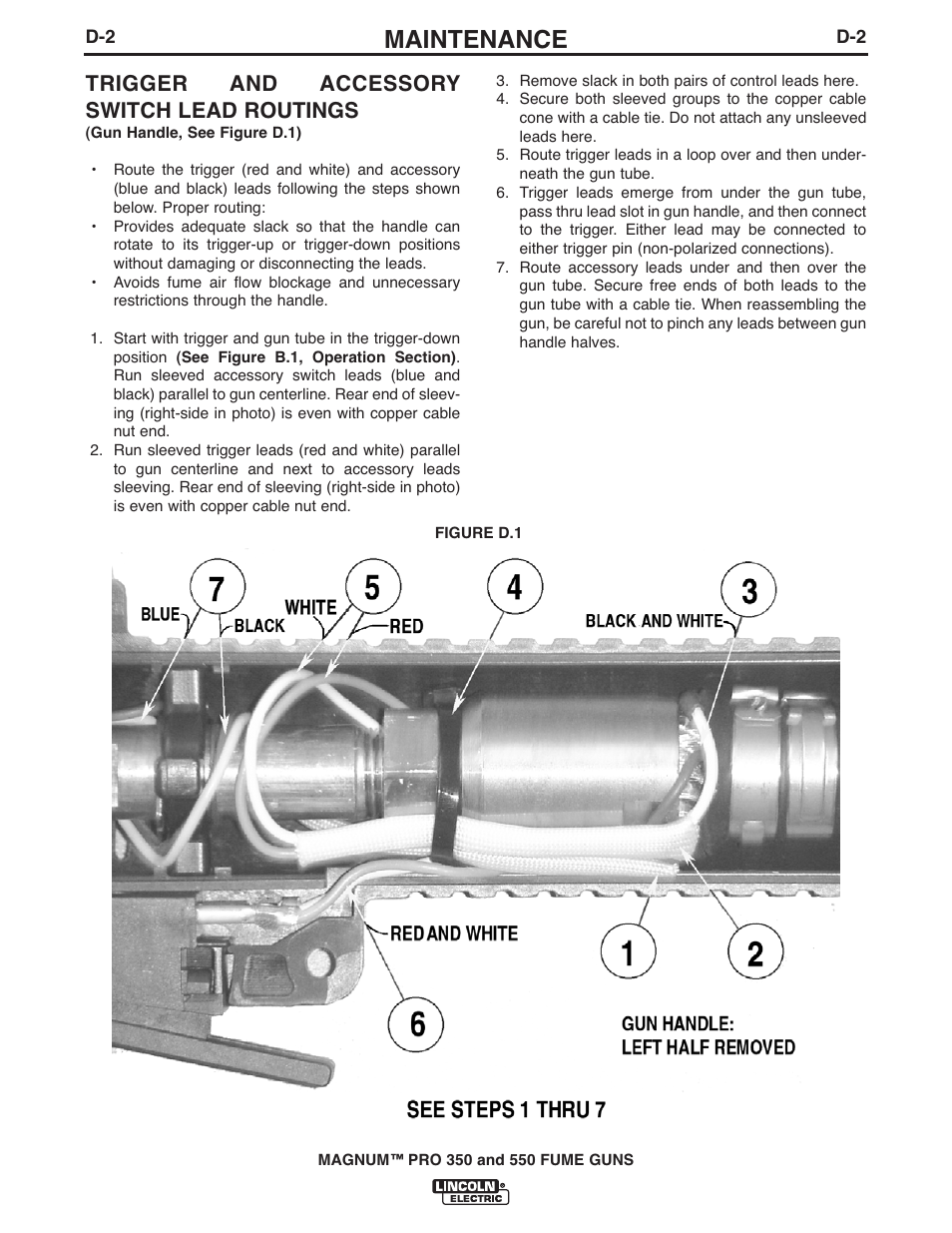 Maintenance, Trigger and accessory switch lead routings | Lincoln Electric IM990 MAGNUM PRO 350 and 550 FUME GUNS User Manual | Page 19 / 31