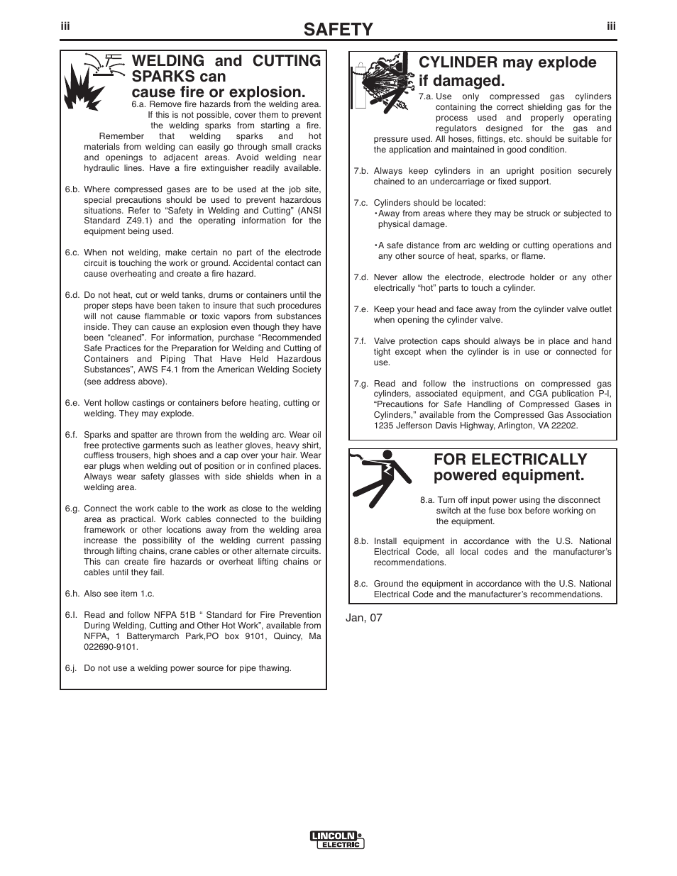 Safety, For electrically powered equipment, Cylinder may explode if damaged | Lincoln Electric IM990 MAGNUM PRO 350 and 550 FUME GUNS User Manual | Page 4 / 31