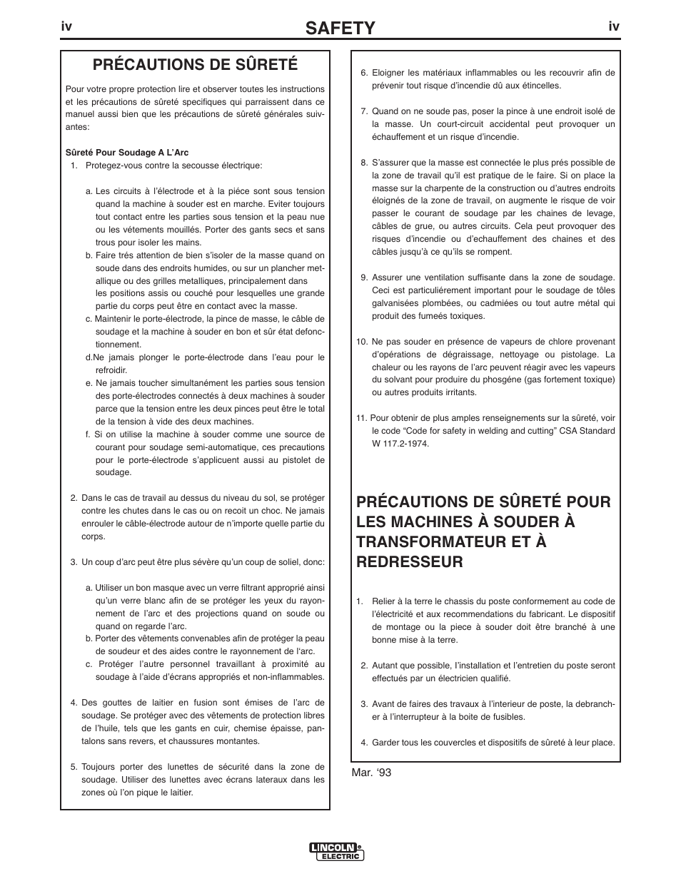 Safety, Précautions de sûreté | Lincoln Electric IM990 MAGNUM PRO 350 and 550 FUME GUNS User Manual | Page 5 / 31