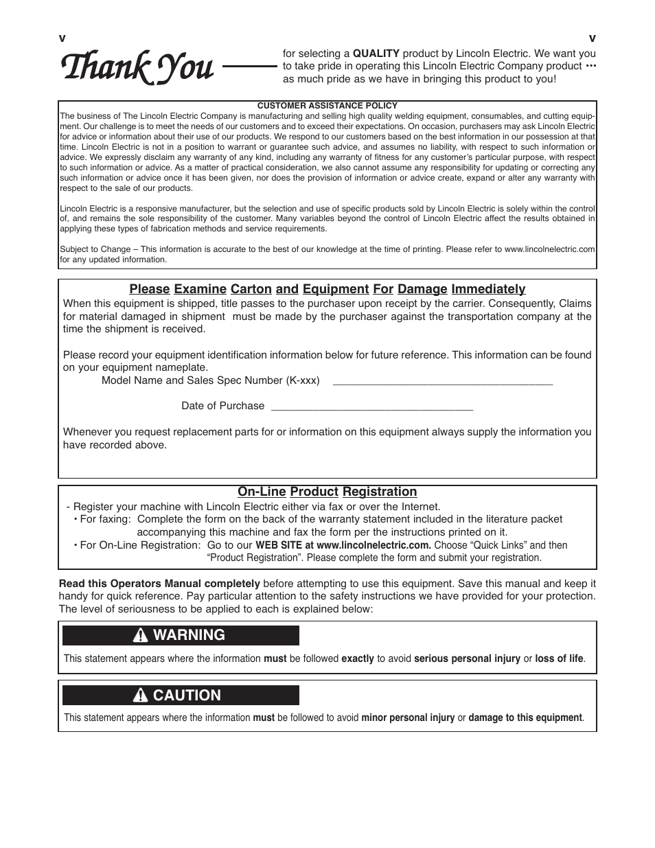 Warning, Caution | Lincoln Electric IM990 MAGNUM PRO 350 and 550 FUME GUNS User Manual | Page 6 / 31