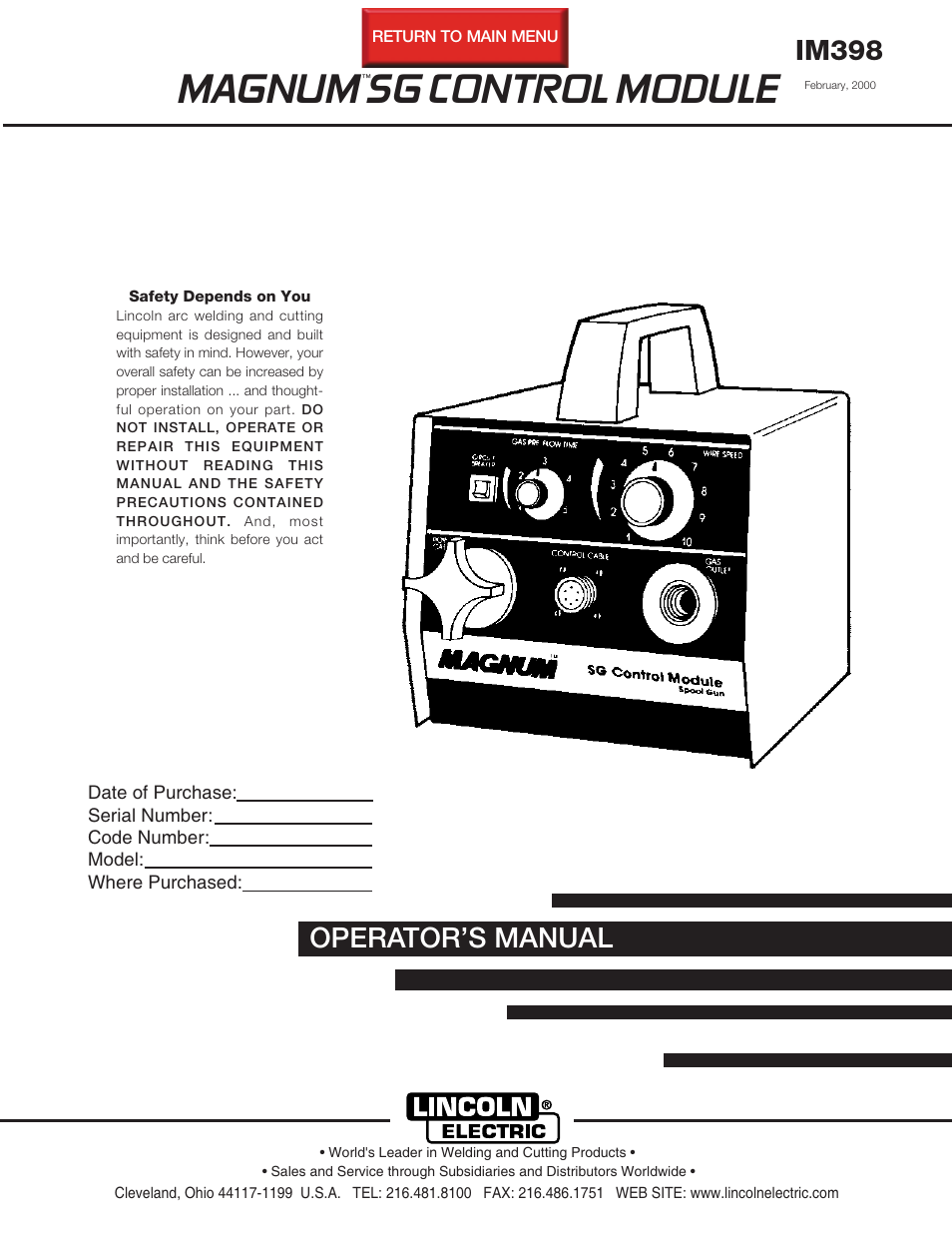 Lincoln Electric IM398 MAGNUM SG CONTROL MODULE User Manual | 22 pages