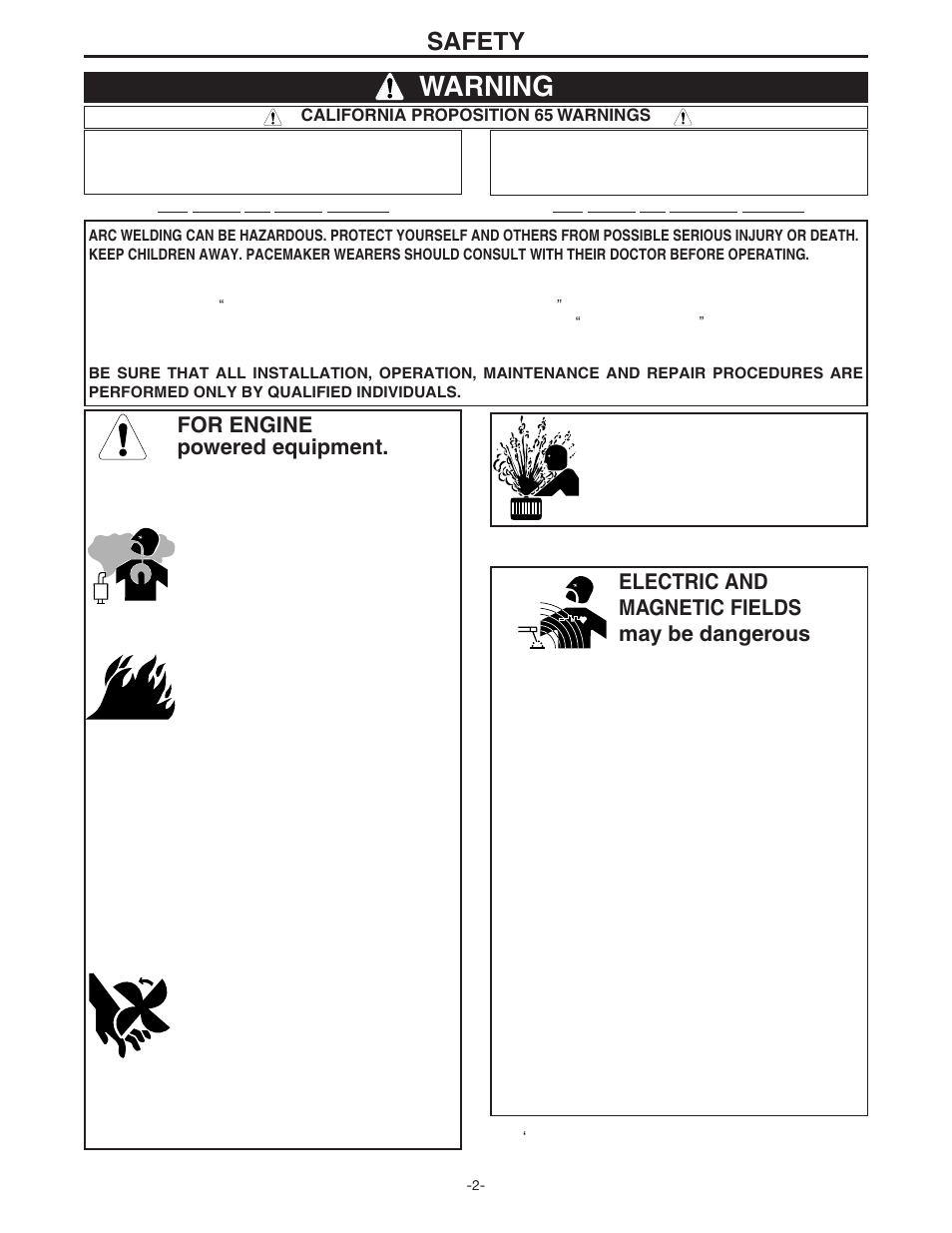 Warning, Safety, For engine powered equipment | Electric and magnetic fields may be dangerous | Lincoln Electric IM398 MAGNUM SG CONTROL MODULE User Manual | Page 2 / 22