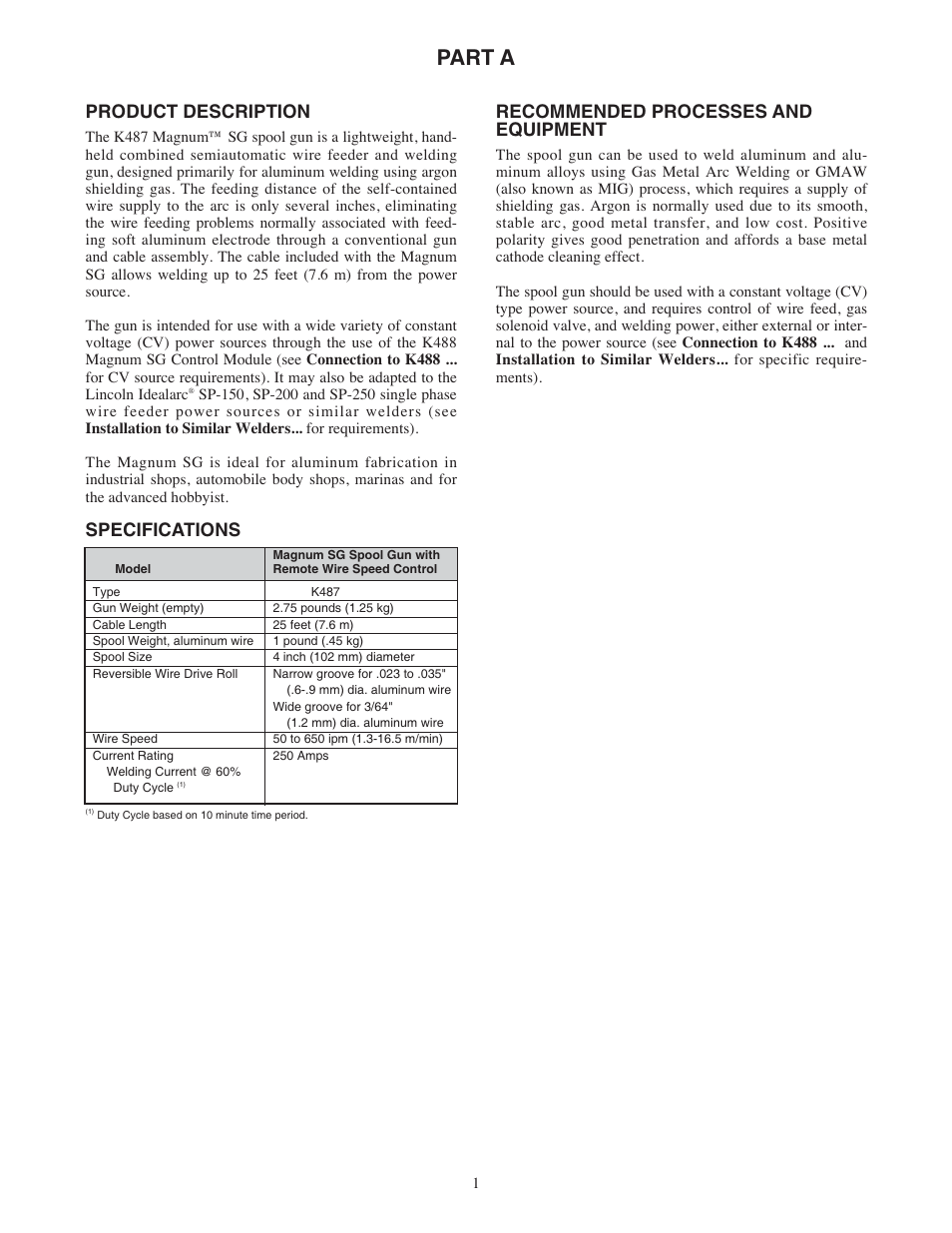 Part a, Recommended processes and equipment, Product description | Specifications | Lincoln Electric IM408 MAGNUM SG SPOOL GUN User Manual | Page 8 / 25