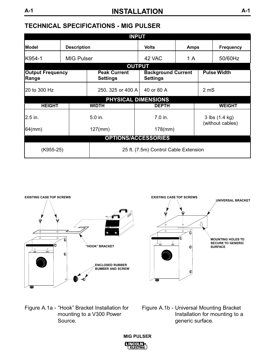 Installation, Technical specifications - mig pulser | Lincoln Electric IM555 MIG PULSER User Manual | Page 8 / 22