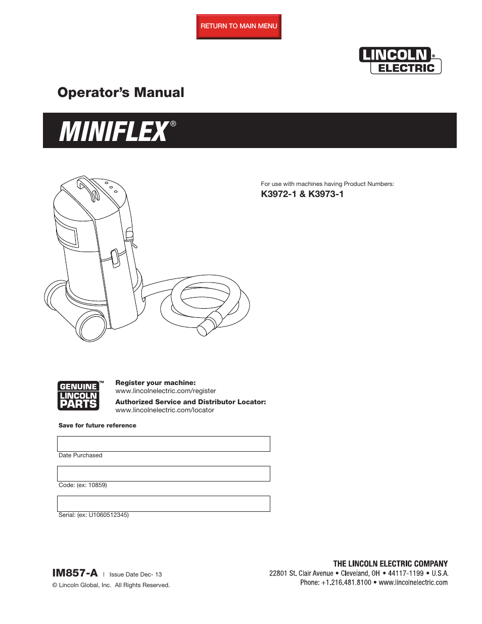 Lincoln Electric IM857 MINIFLEX K3972-1 & K3973-1 User Manual | 24 pages