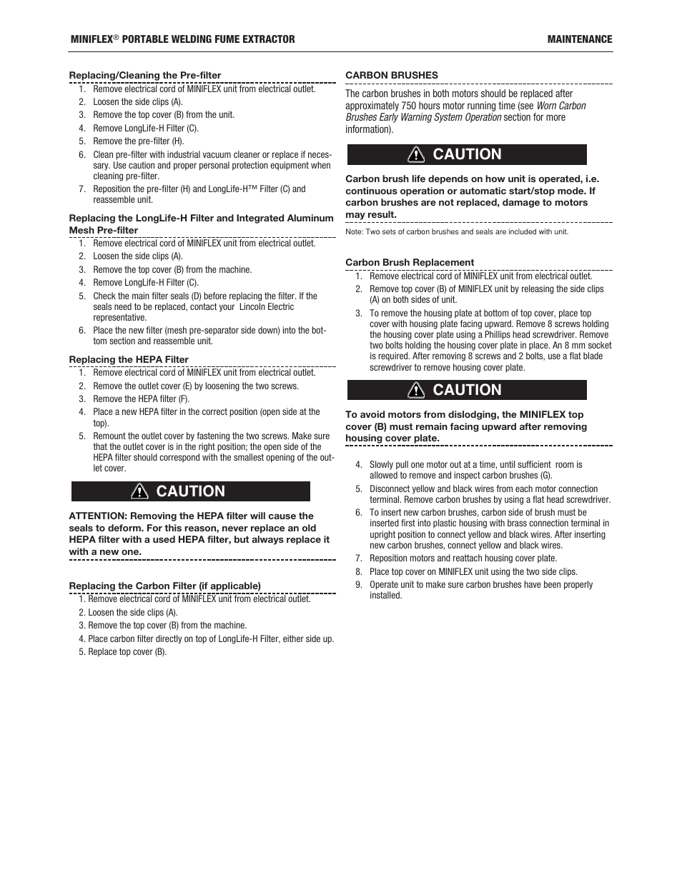Caution | Lincoln Electric IM857 MINIFLEX K3972-1 & K3973-1 User Manual | Page 14 / 24