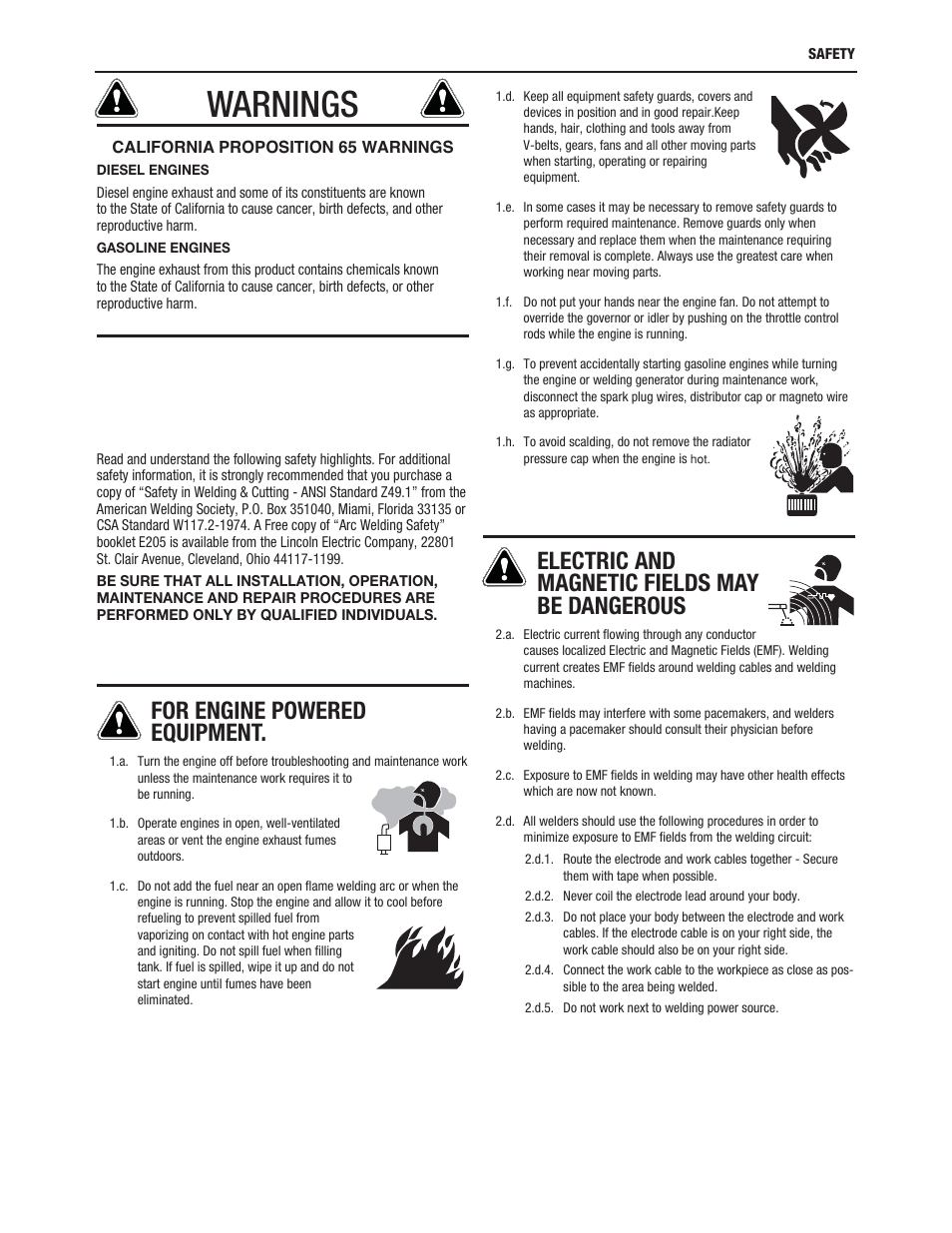 Warnings, For engine powered equipment, Electric and magnetic fields may be dangerous | Lincoln Electric IM857 MINIFLEX K3972-1 & K3973-1 User Manual | Page 3 / 24