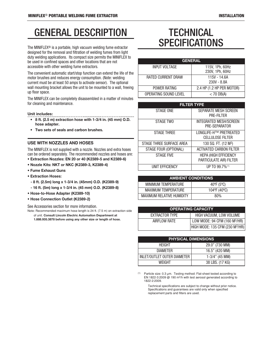 General description, Technical specifications | Lincoln Electric IM857 MINIFLEX K3972-1 & K3973-1 User Manual | Page 9 / 24