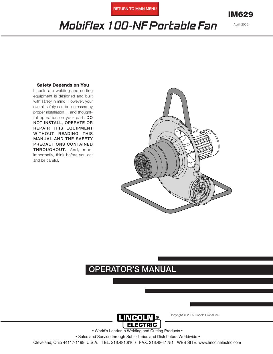 Lincoln Electric IM629 Mobiflex 100-NF Portable Fan User Manual | 17 pages