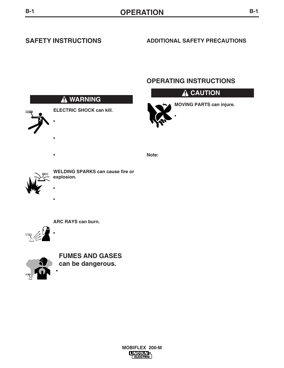 Operation, Safety instructions, Fumes and gases can be dangerous | Operating instructions, Warning caution | Lincoln Electric IM629 Mobiflex 100-NF Portable Fan User Manual | Page 10 / 17