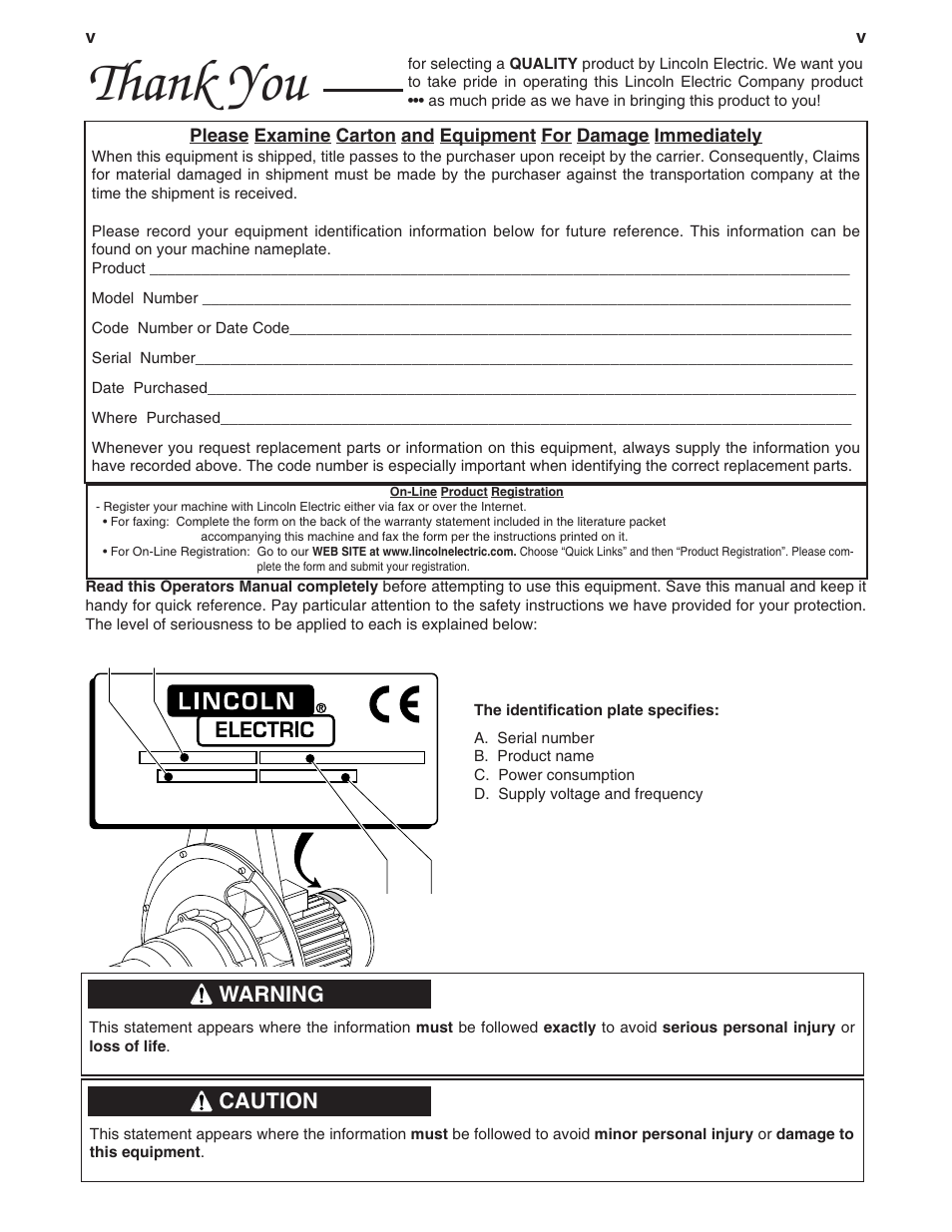 Warning, Caution | Lincoln Electric IM629 Mobiflex 100-NF Portable Fan User Manual | Page 6 / 17